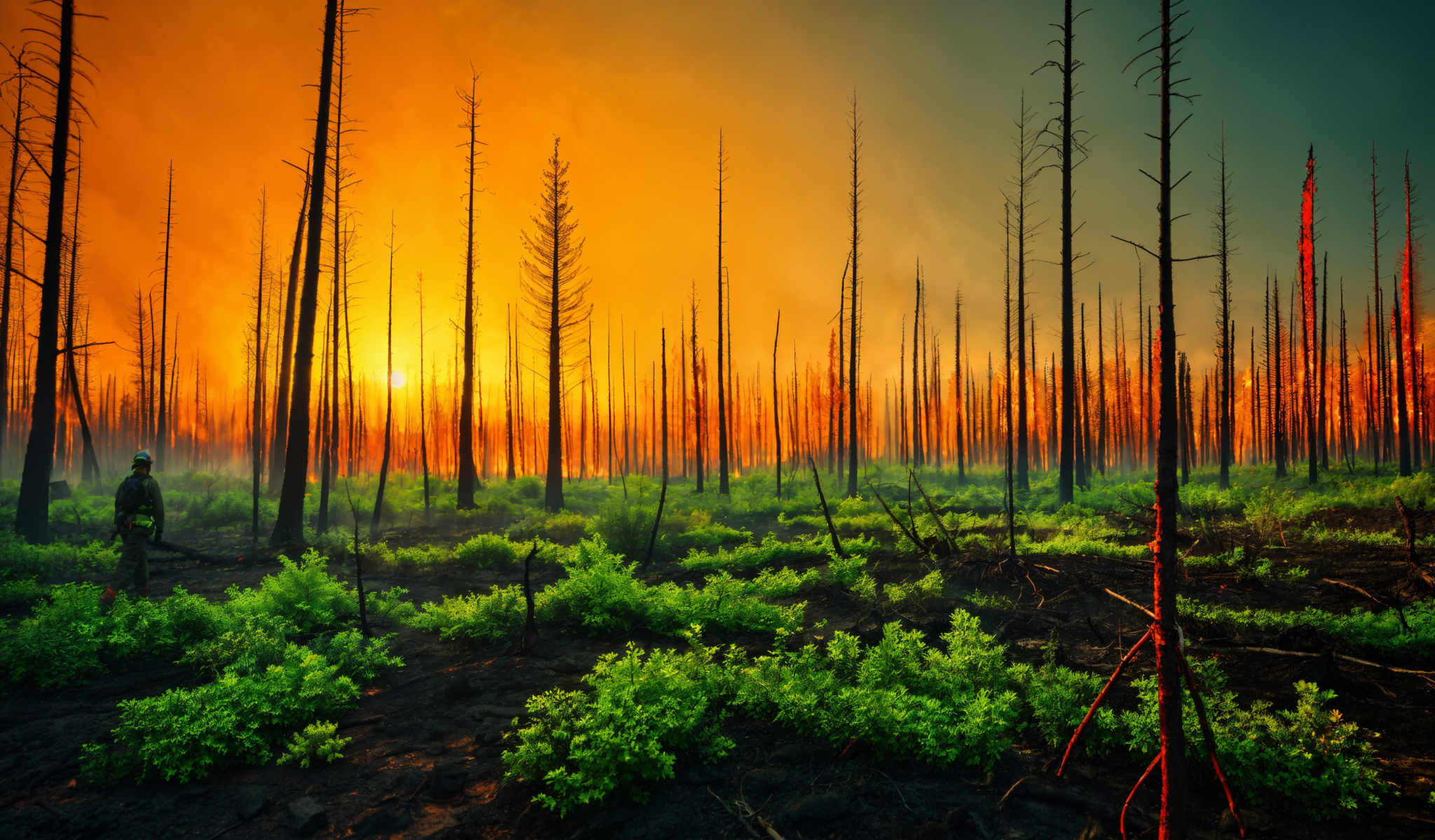 A forest of trees with a sunset in the background.