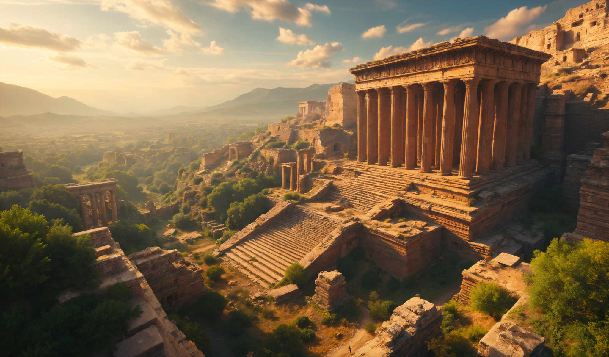 The image captures the grandeur of the ancient city of Palmyra in Syria. The ruins a testament to time are bathed in the warm glow of the setting sun. The perspective is from a high angle providing a comprehensive view of the historic site. The structures made of stone stand in various states of decay bearing the marks of time. The sky above is a clear blue with a few clouds scattered across it. The sun is setting casting long shadows and bathing the ruins in a golden light. The image is a beautiful blend of history and nature showcasing the resilience of human architecture amidst the passage of time.

The image also contains the following keywords: Palmy Syria ancient city ruins stone time setting sun high angle view blue sky clouds golden light history nature resilience human architecture.