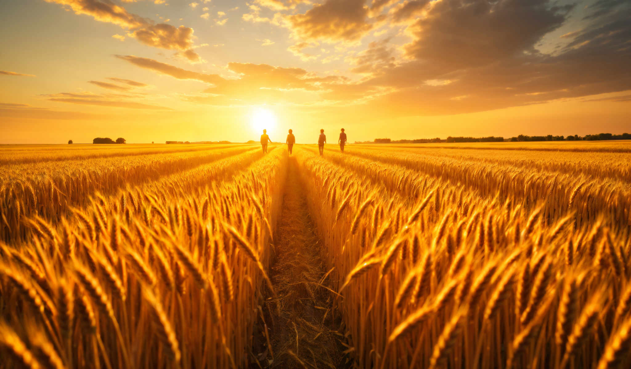 The image captures a serene scene of a group of people walking through a golden wheat field during sunset. The sun is setting in the background casting a warm glow over the entire scene. The people are silhouetted against the setting sun adding a sense of depth and perspective to the image.

The wheat field bathed in the golden light of the sunset stretches out as far as the eye can see. The golden wheat stands tall and proud swaying gently in the breeze. The field is vast and seemingly endless with no other objects or landmarks in sight.

The people in the image are walking in a line following one another. They are silouetted their forms dark against the bright background. Their exact number is hard to determine due to the silhouetting but they appear to be a small group.

The image is taken from a low angle looking up at the people and the wheat field. This perspective gives a sense that the field is endless and the people are dwarfed by the vastness of the landscape.

The colors in the photo are predominantly golden from the wheat and the sunset. There are also some dark silhouettes of the people providing a stark contrast to the bright colors of the field