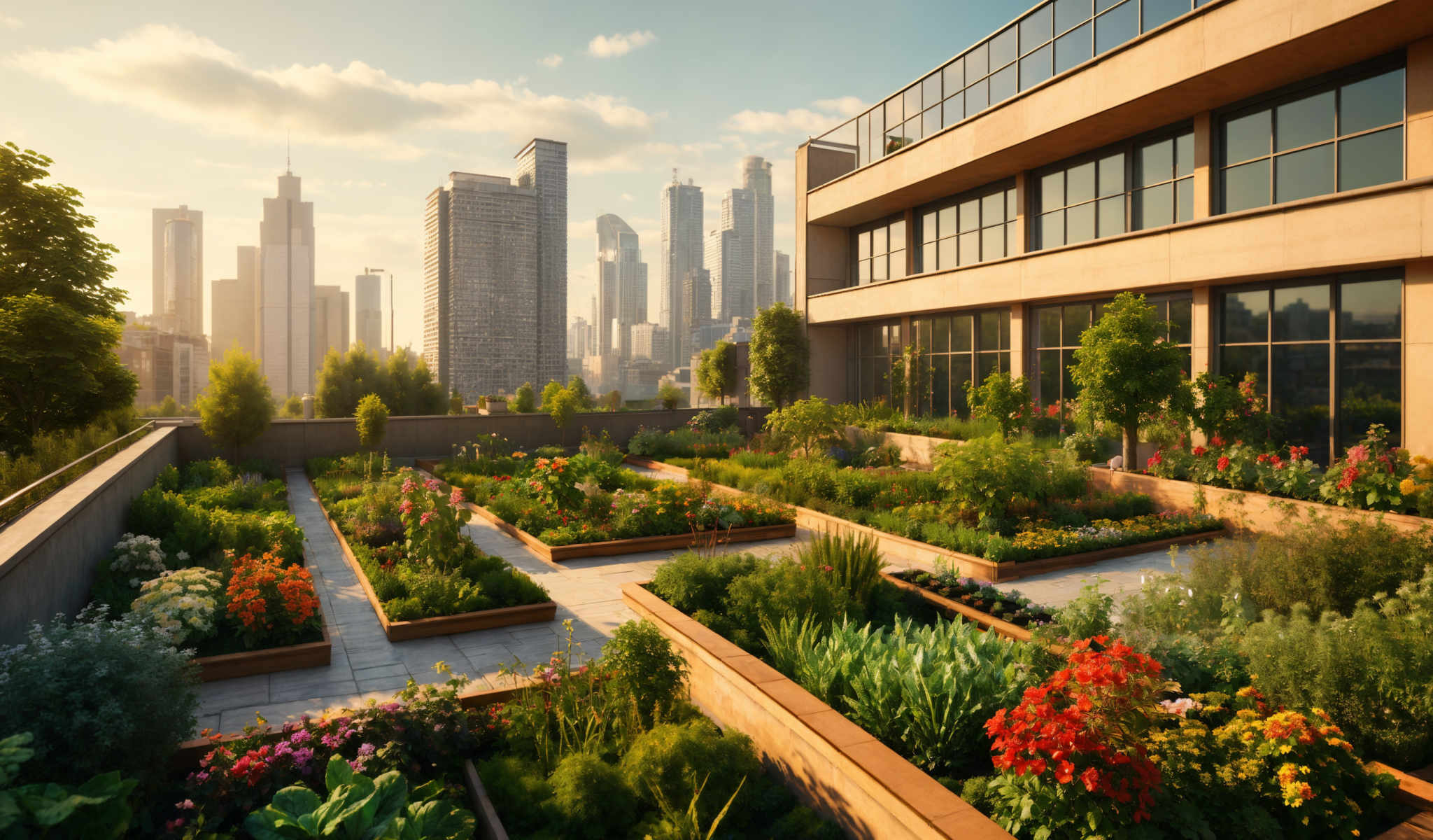 A large city with a modern building and a garden with a brick walkway.