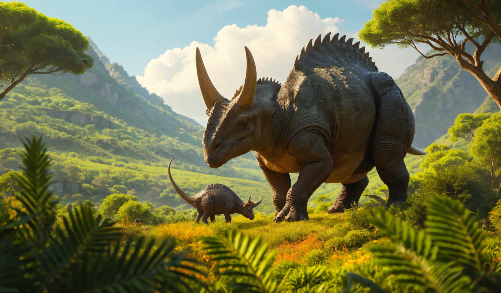 A large dinosaur with horns stands in a field with a smaller dinosaur.