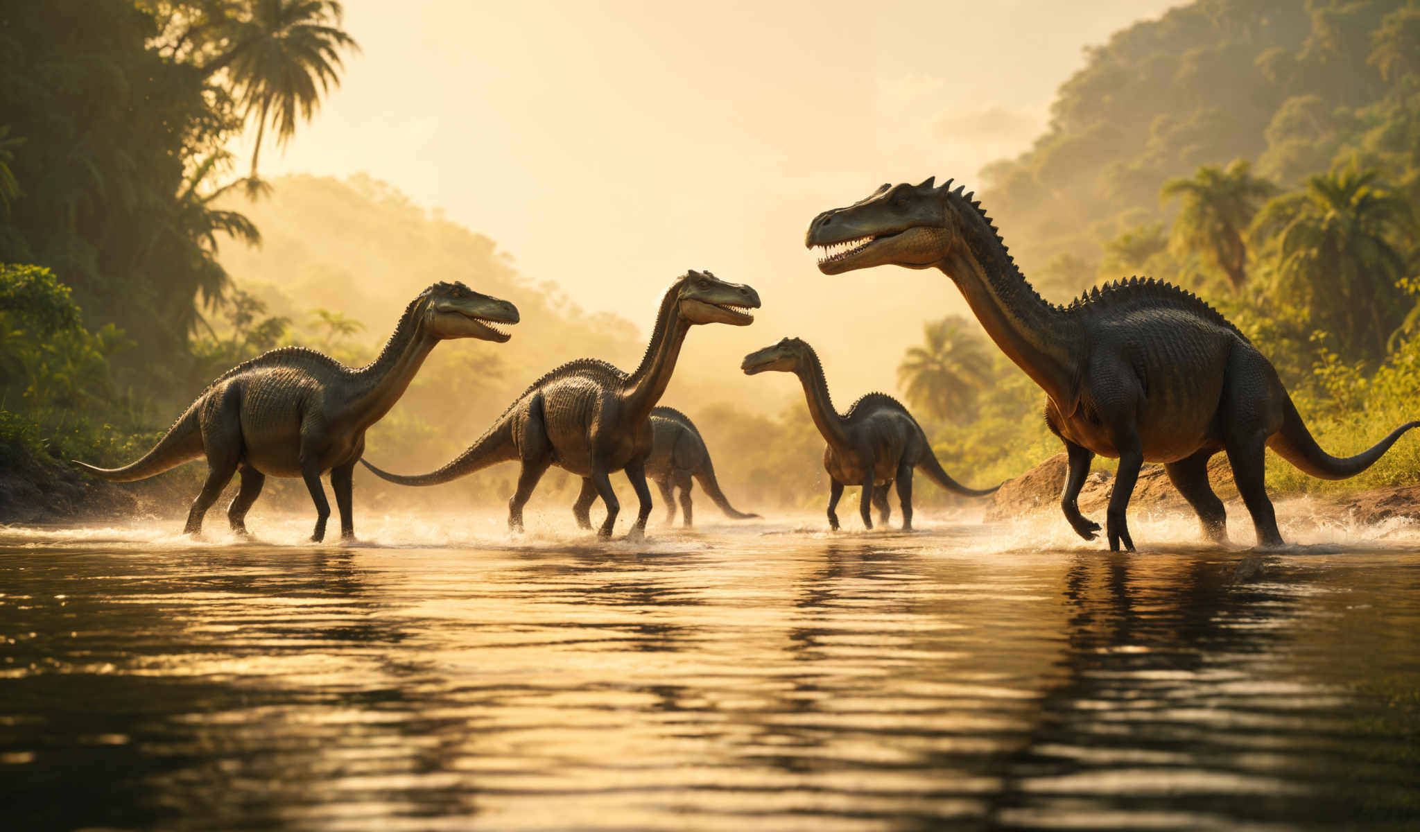 A group of dinosaurs are walking through a body of water.