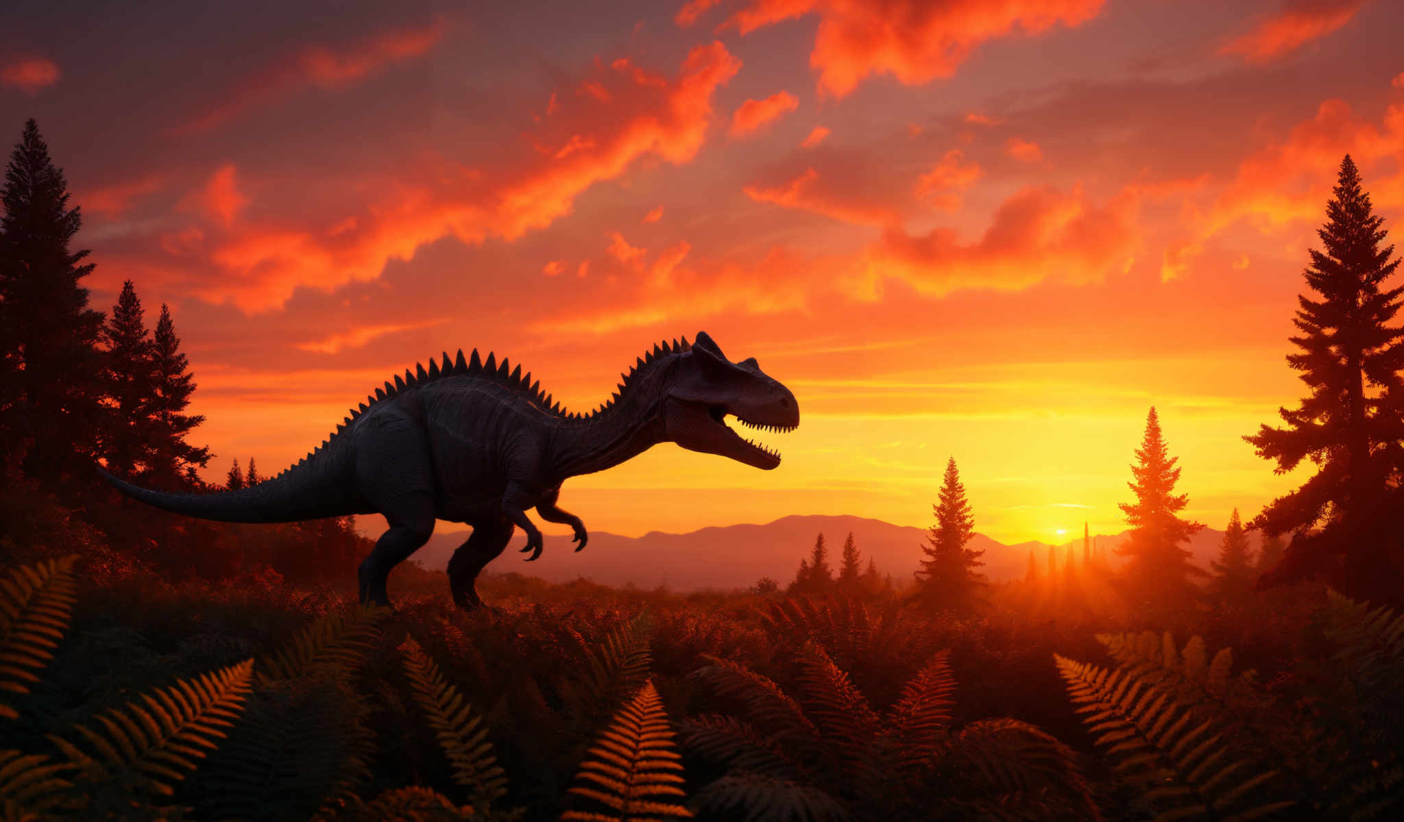 A dinosaur statue is standing in a field of ferns during a sunset.