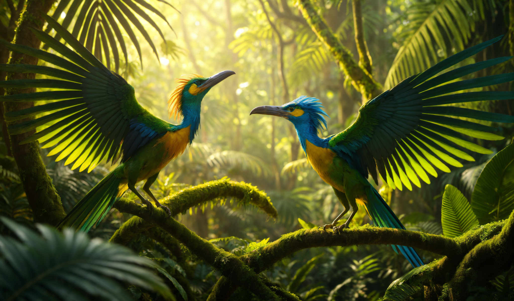 Two colorful birds with blue and green feathers are perched on a mossy tree branch.