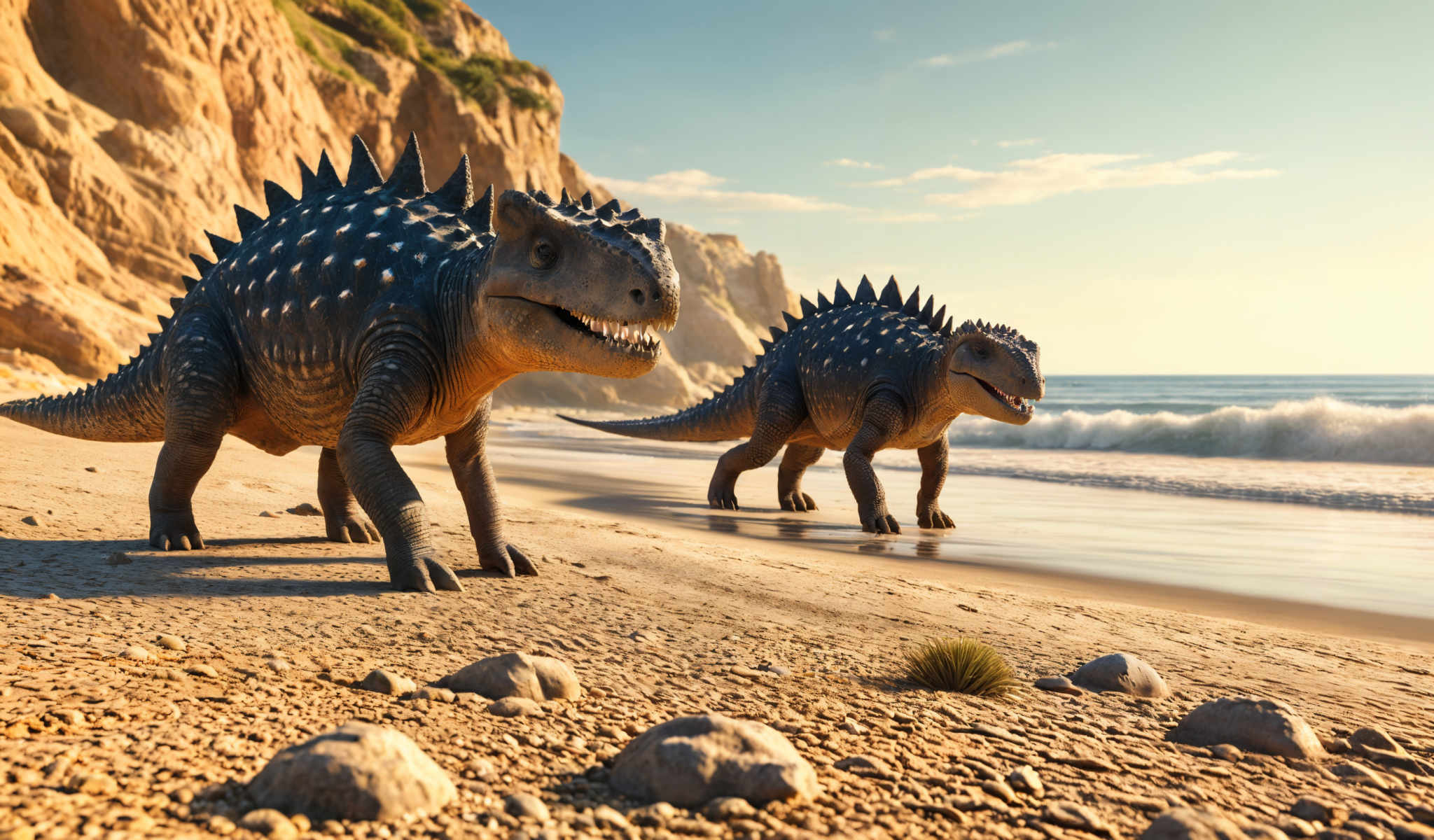 Two dinosaurs one large and one small are walking on a beach. The large dinosaur is on the left and the small one is on right. The beach is sandy and there are rocks scattered around. The ocean is in the background.