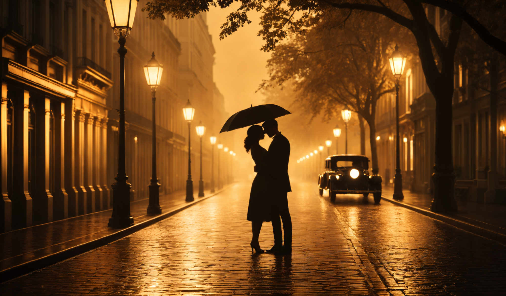 A couple kissing under an umbrella on a cobblestone street at night.