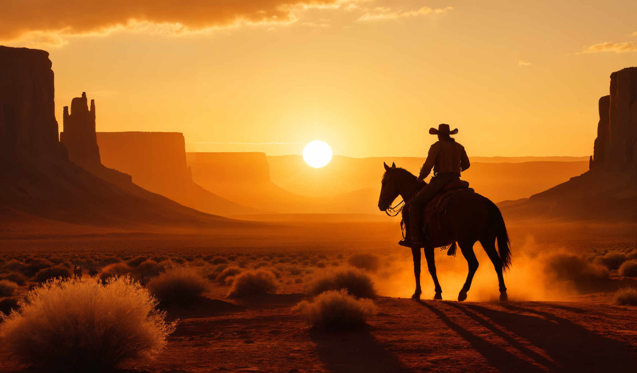 A cowboy on a horse in a desert at sunset.