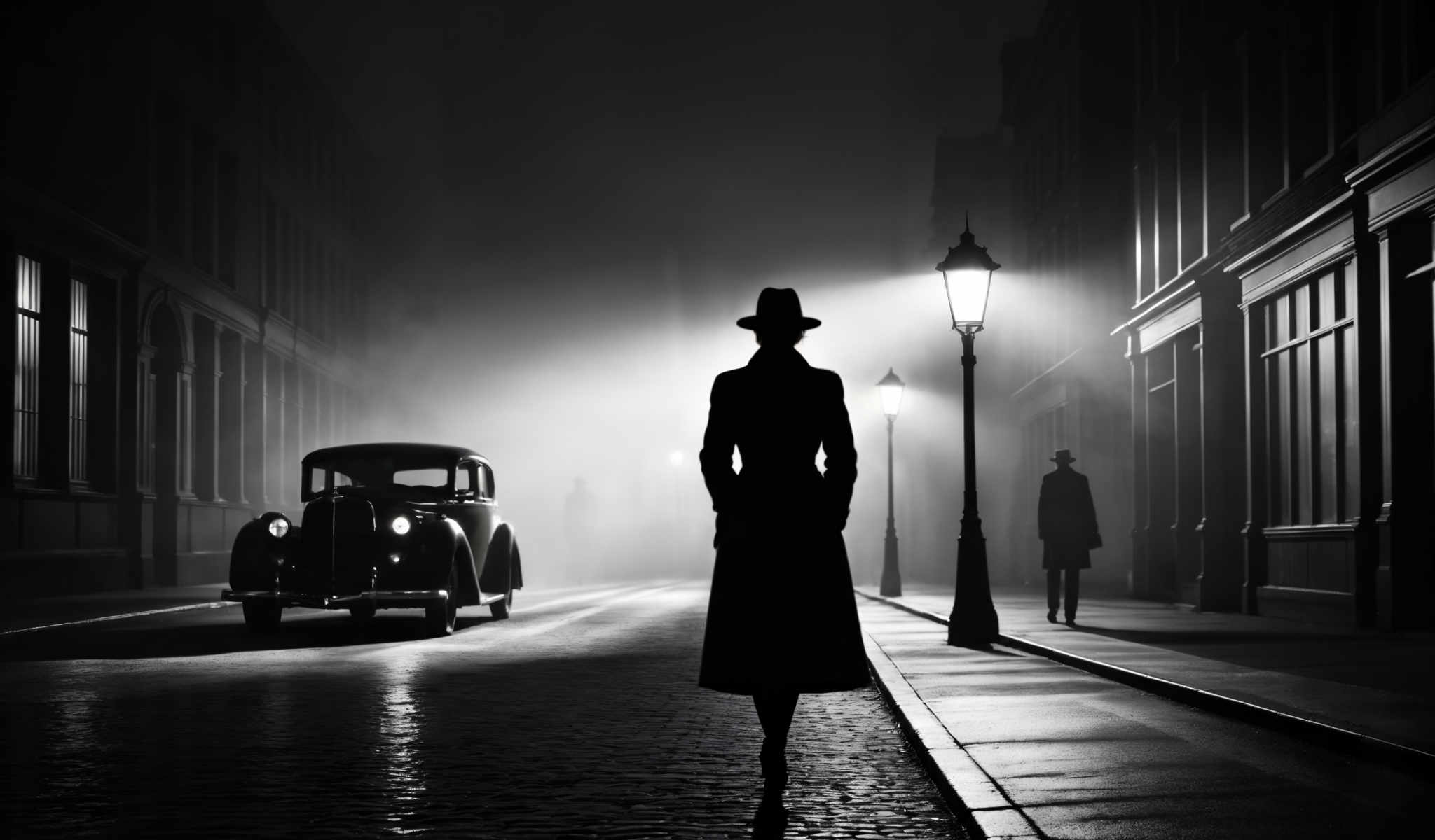 A woman in a long coat and hat walks down a foggy street at night.