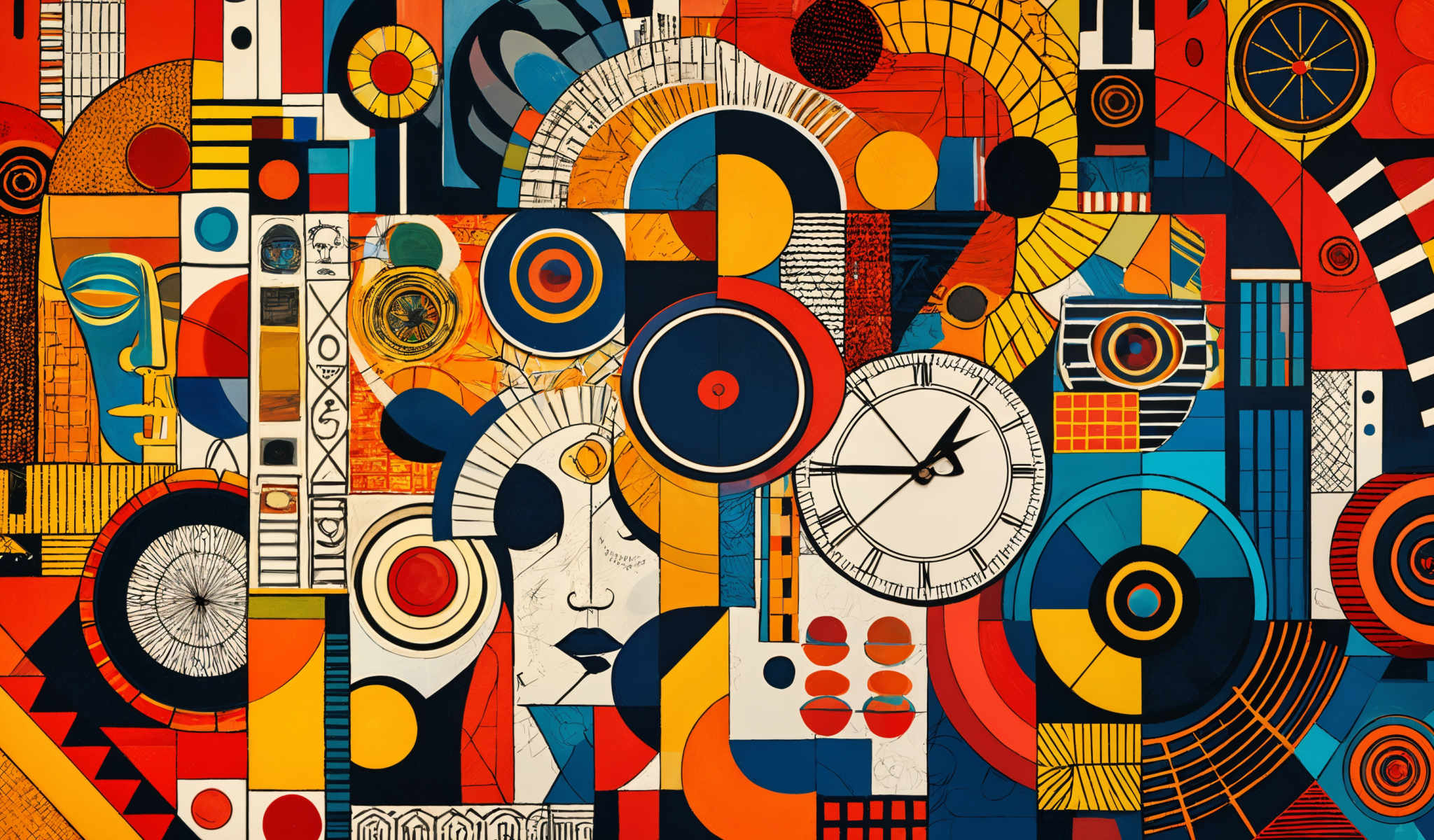 A vibrant and colorful abstract art piece. The art piece is a collage of various shapes and colors including red blue yellow and orange. The shapes are geometric and include circles squares and rectangles. The colors are bright and bold creating a lively and dynamic visual effect. The overall composition is balanced and harmonious with each element contributing to the overall aesthetic of the piece. This artwork is a testament to the beauty of abstract art and the power of color and form.