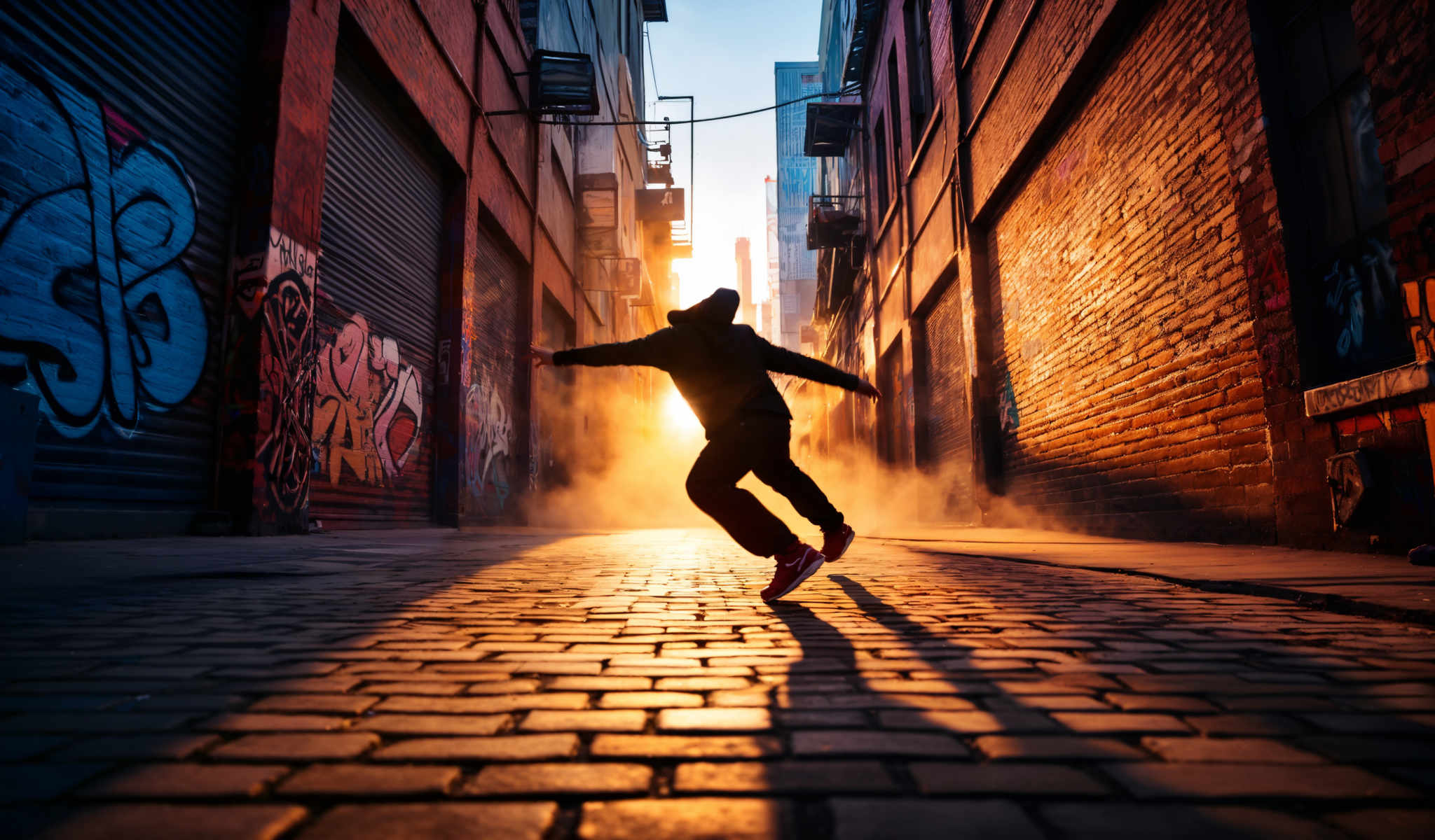 A person is skateboarding down a brick road.