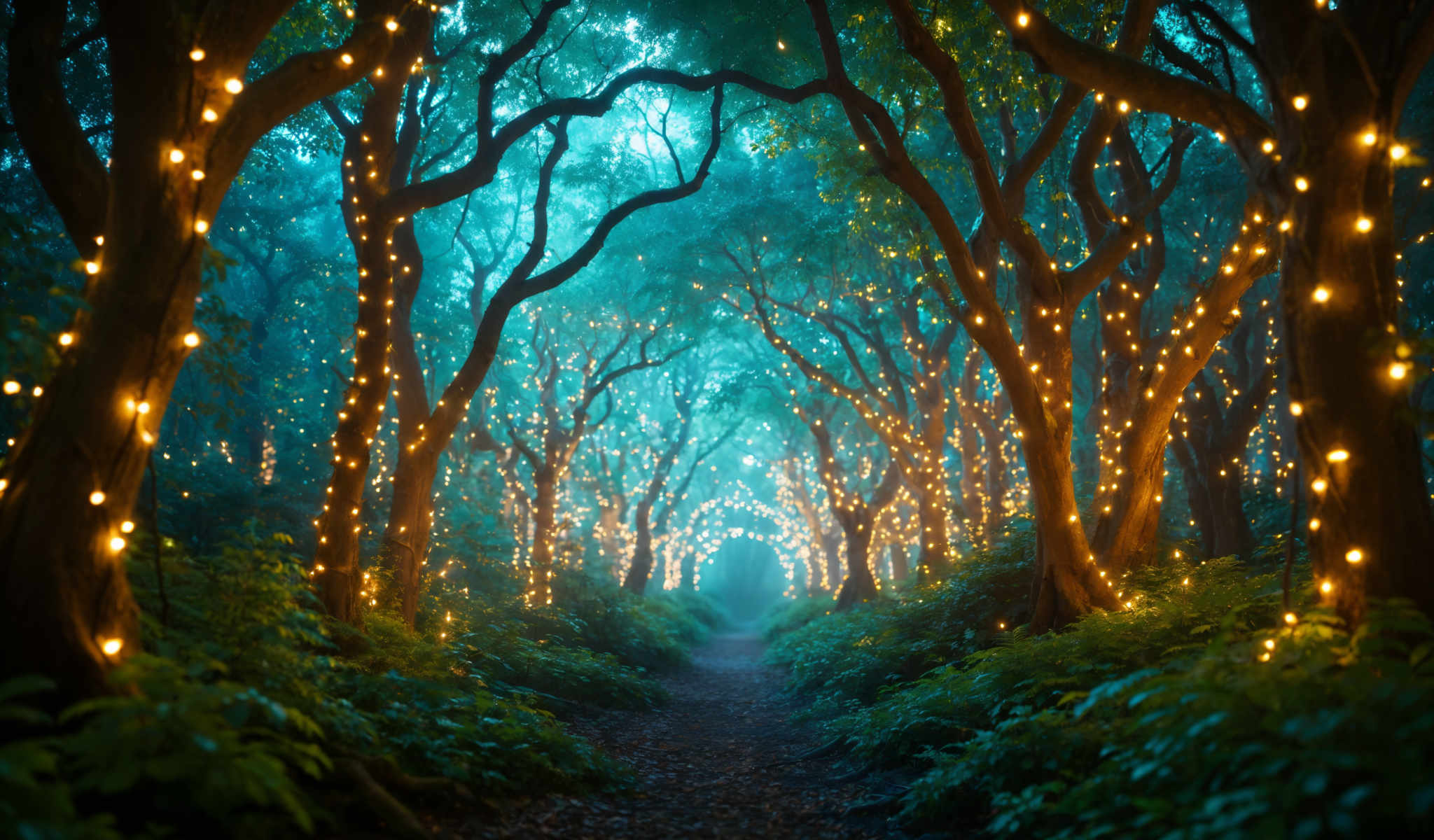 A forest of trees with lights on them.