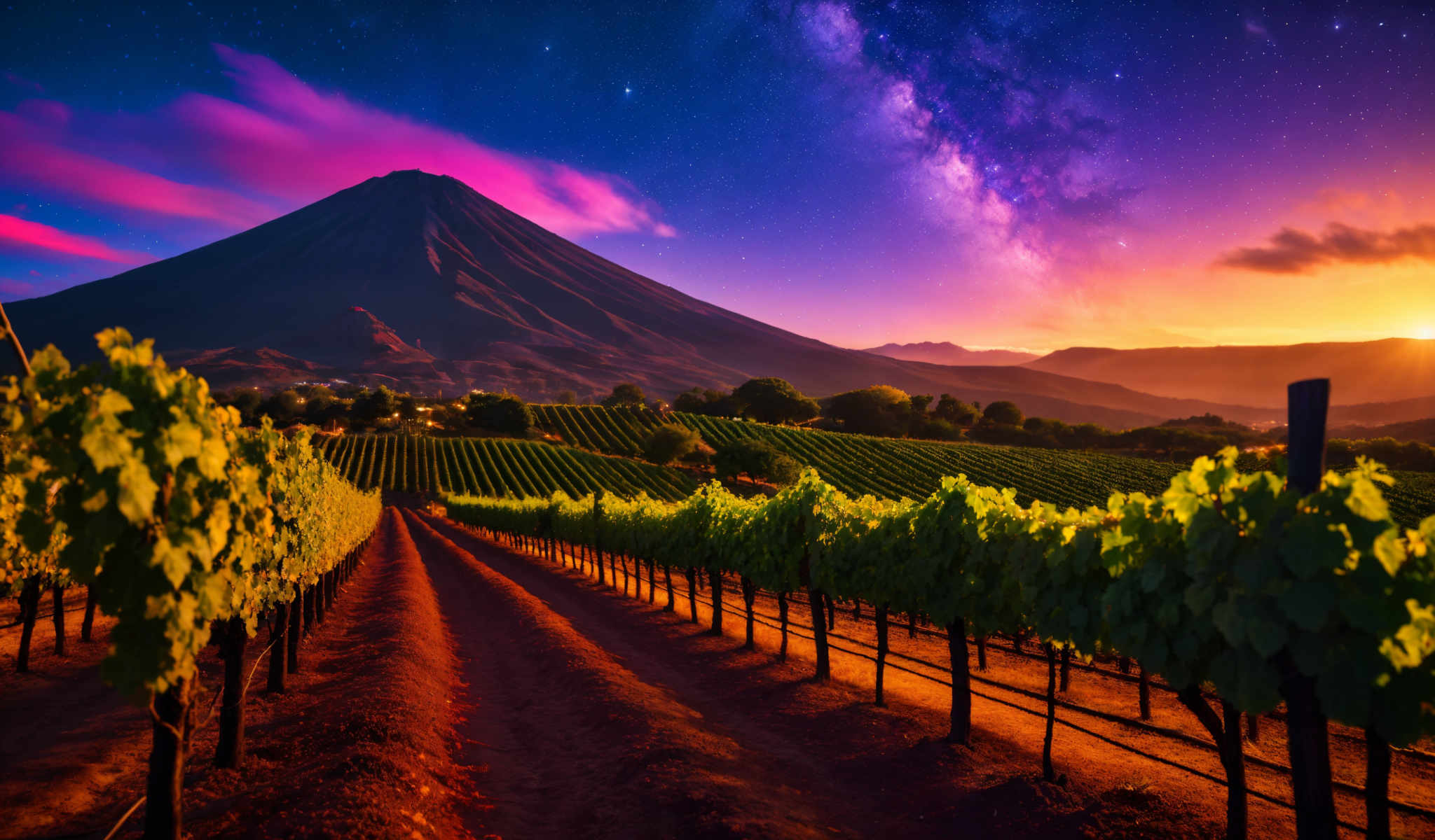 A vineyard with rows of grapevines and a mountain in the background.