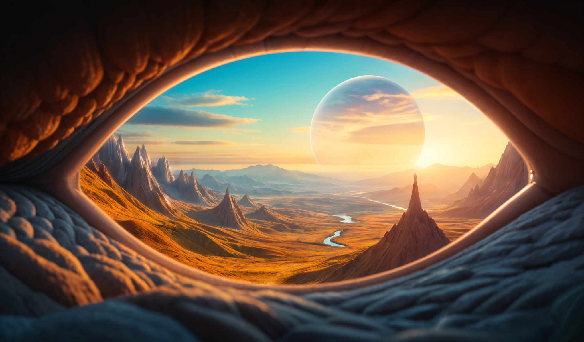 A surreal landscape with a river mountains and a large planet in the sky.