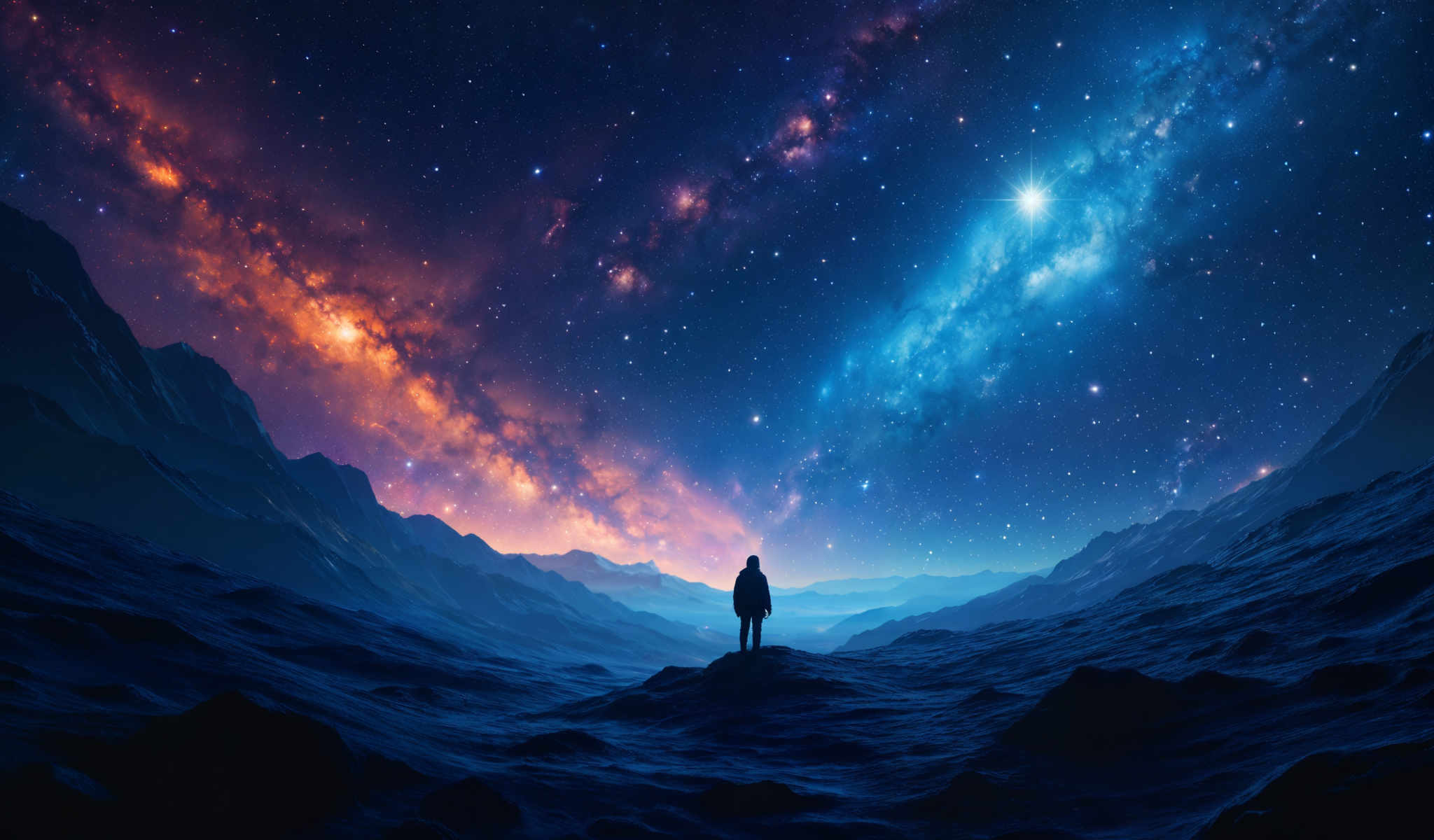 A person stands on a rocky outcropping looking out over a mountain range. The sky is filled with stars and a bright blue nebula. The mountains are covered in snow and ice. The person is wearing a black jacket.