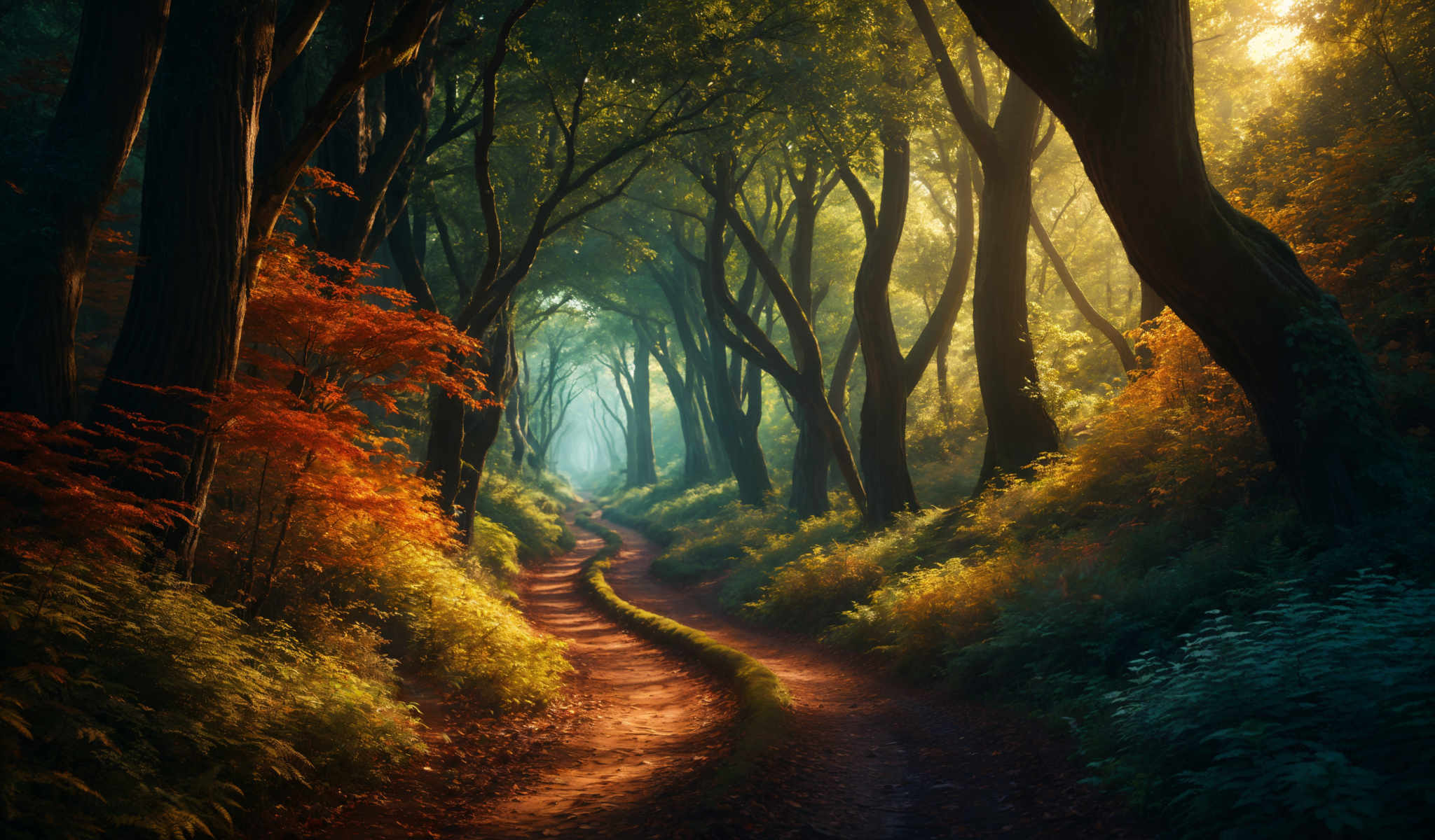 A winding path through a forest of tall trees with green leaves. The path is made of dirt and is lined with trees on both sides. The trees are tall and have green leaves creating a canopy over the path. The sky is visible through the gaps in the trees. The sun is shining through the trees casting dappled light on the path and the surrounding area. The image is taken from a low angle looking up at the trees and the sky. The colors in the image are vibrant with the green of the leaves contrasting with the brown of the path and the blue of the sky peeking through the tree gaps. The perspective of the photo gives a sense of depth and invites the viewer to imagine walking down the path into the forest.