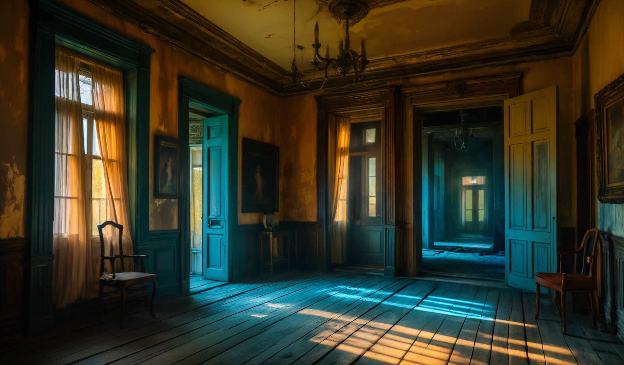 The image shows a room with a blue door and a painting hanging on the wall. The room is dimly lit with the light coming from the windows. The floor is made of wood and the walls are painted yellow. The ceiling is high and the room is spacious. The blue door is closed and the painting is hanging on a wall. There are no people in the room. The windows are letting in light creating a warm and inviting atmosphere. The painting on the yellow wall adds a touch of artistry to the room making it more visually appealing. The wooden floor gives the room a rustic feel while the high ceiling makes the room feel more open and airy. The overall ambiance of the room suggests a quiet and peaceful space.