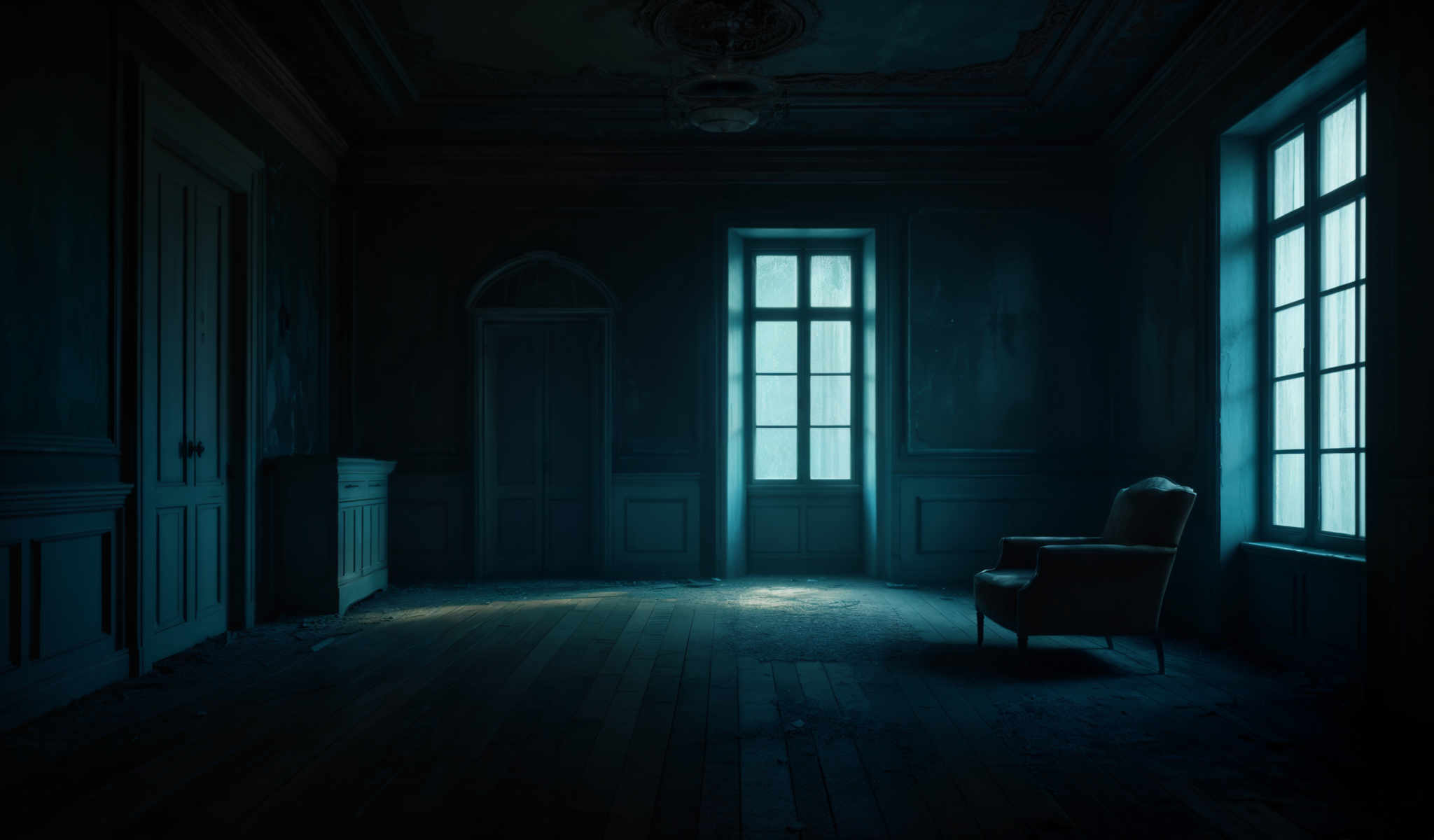 A dimly lit room with a large window and a chair.