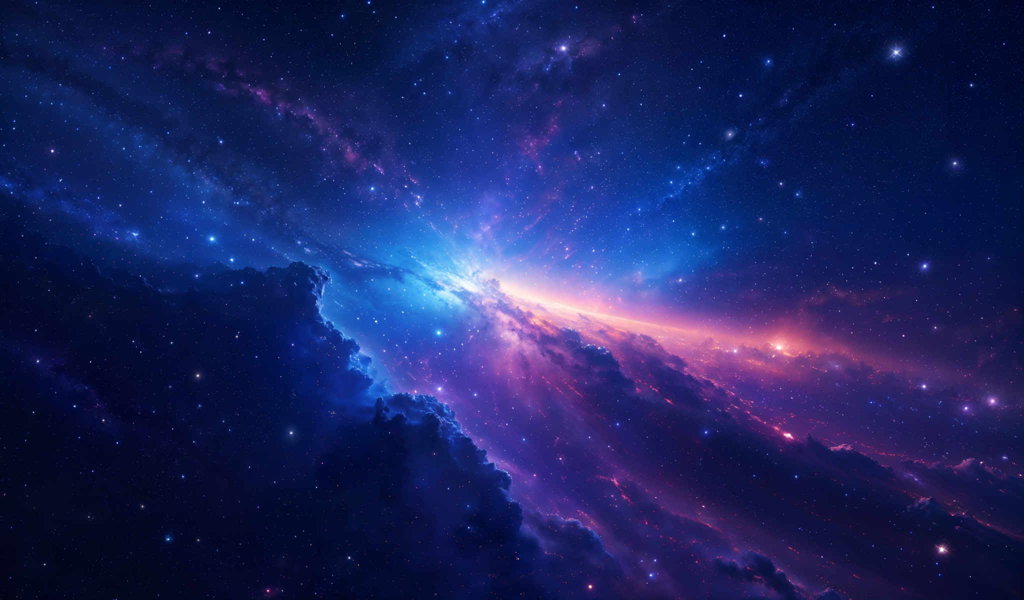 A cosmic scene with a bright blue and purple nebula at the center.