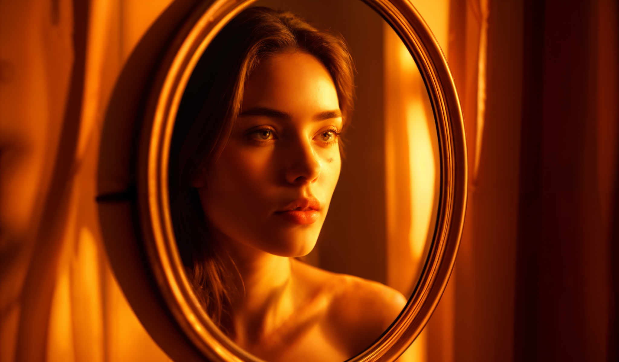 A woman is captured in a mirror her reflection revealing her bare shoulders and the warm glow of the room behind her.