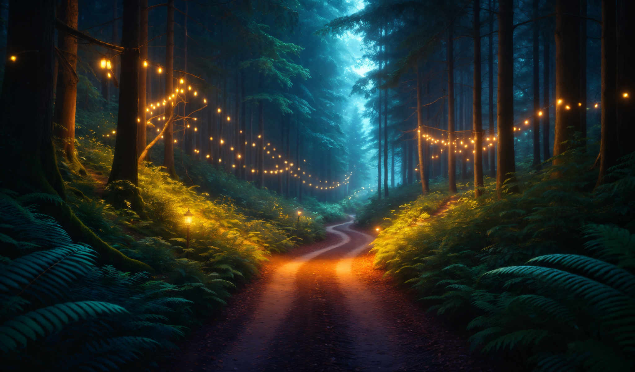 A forest path with a string of lights and a winding road.