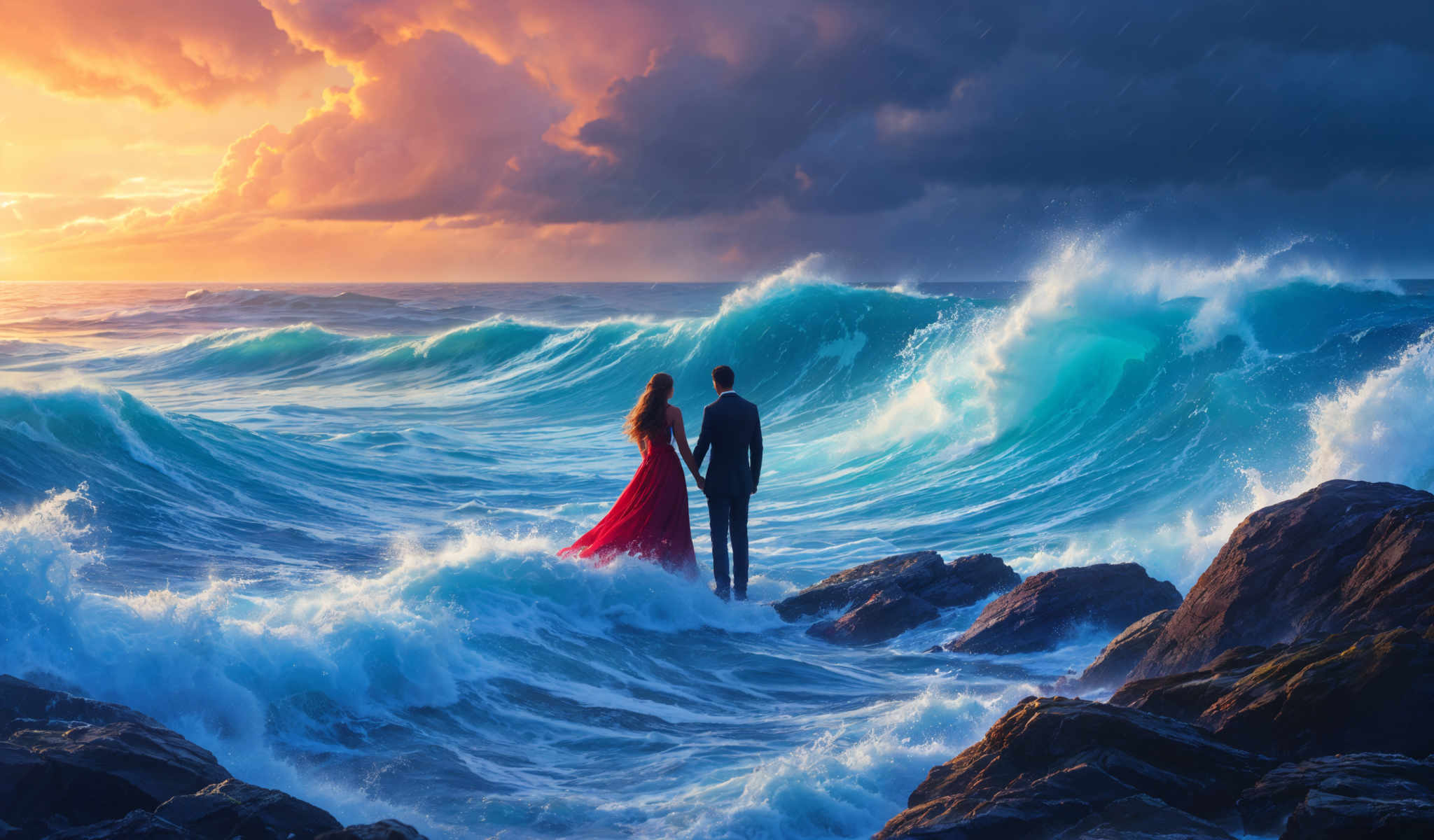 A man and woman stand on rocks in the ocean with the man wearing a suit and the woman wearing a red dress.