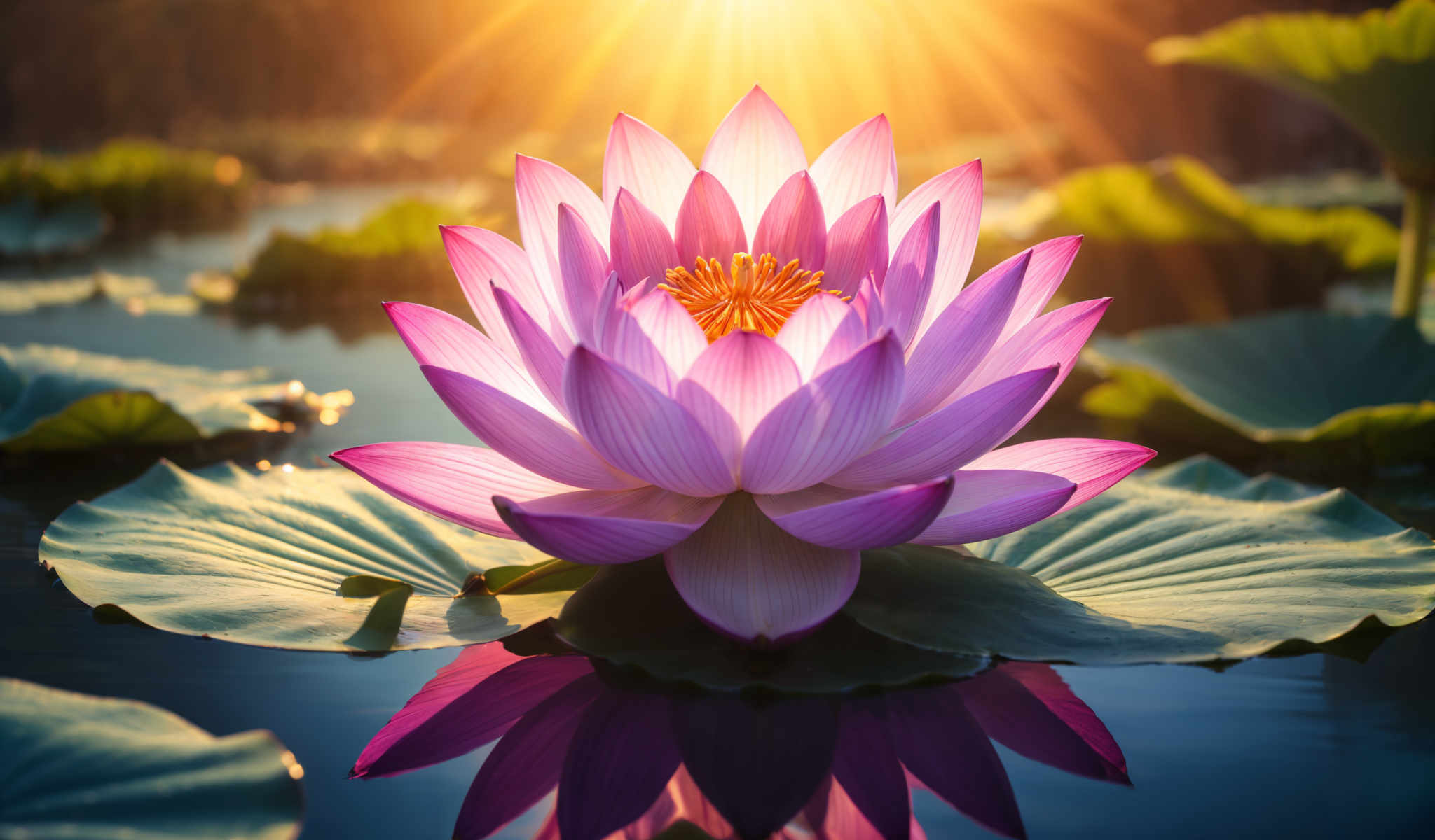 A beautiful pink and purple lotus flower with a yellow center.