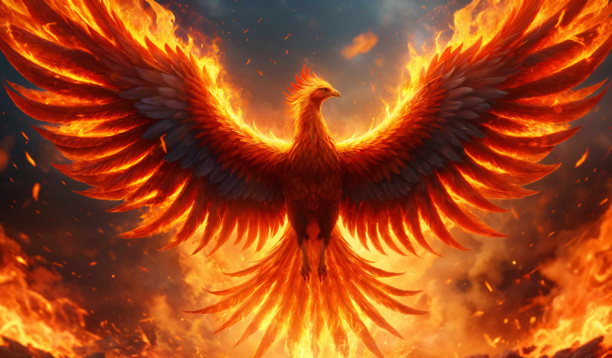 A fiery illustration of a phoenix a mythical bird with its wings spread wide. The phoenix is predominantly orange and yellow with a yellow beak and a red mane. The background is a dark blue sky with orange and red flames. The image is a digital illustration.