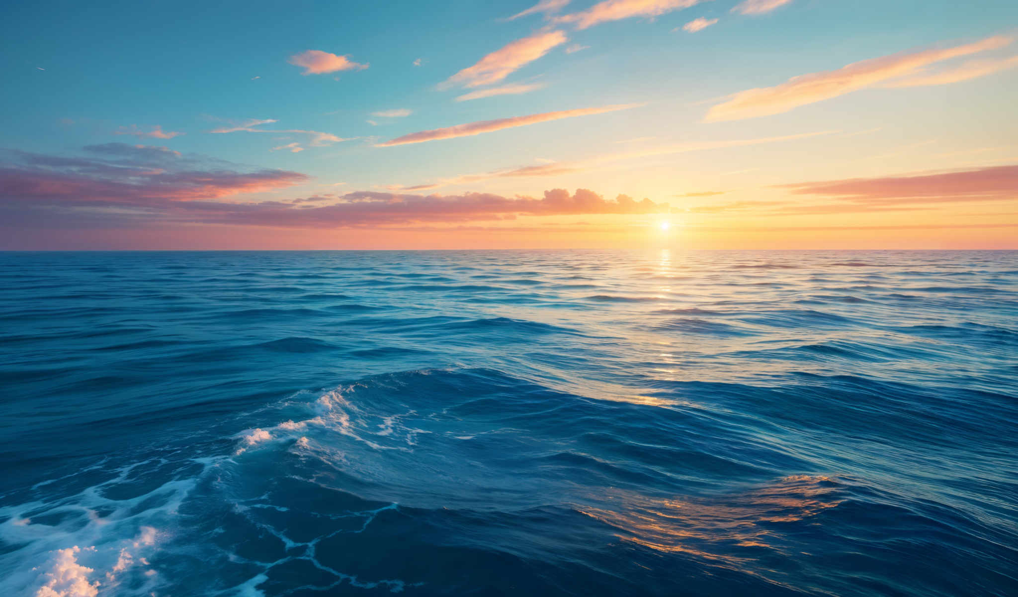 The image captures a serene scene of a sunset over the ocean. The sun is setting behind the horizon casting a warm orange glow across the sky. The ocean a deep blue is alive with white waves that are crashing against the shore. The sky is a light blue dotted with a few clouds. The horizon line is clearly visible separating the sky from the ocean and adding depth to the image.

The image does not contain any text or discernible objects. The relative positions of the objects are such that the sun is in the background the ocean is in front of it and the sky is above the ocean with a smattering of clouds. There are no people or animals in the image and no man-made objects are visible. The image is a beautiful representation of nature's tranquility and the passage of time.