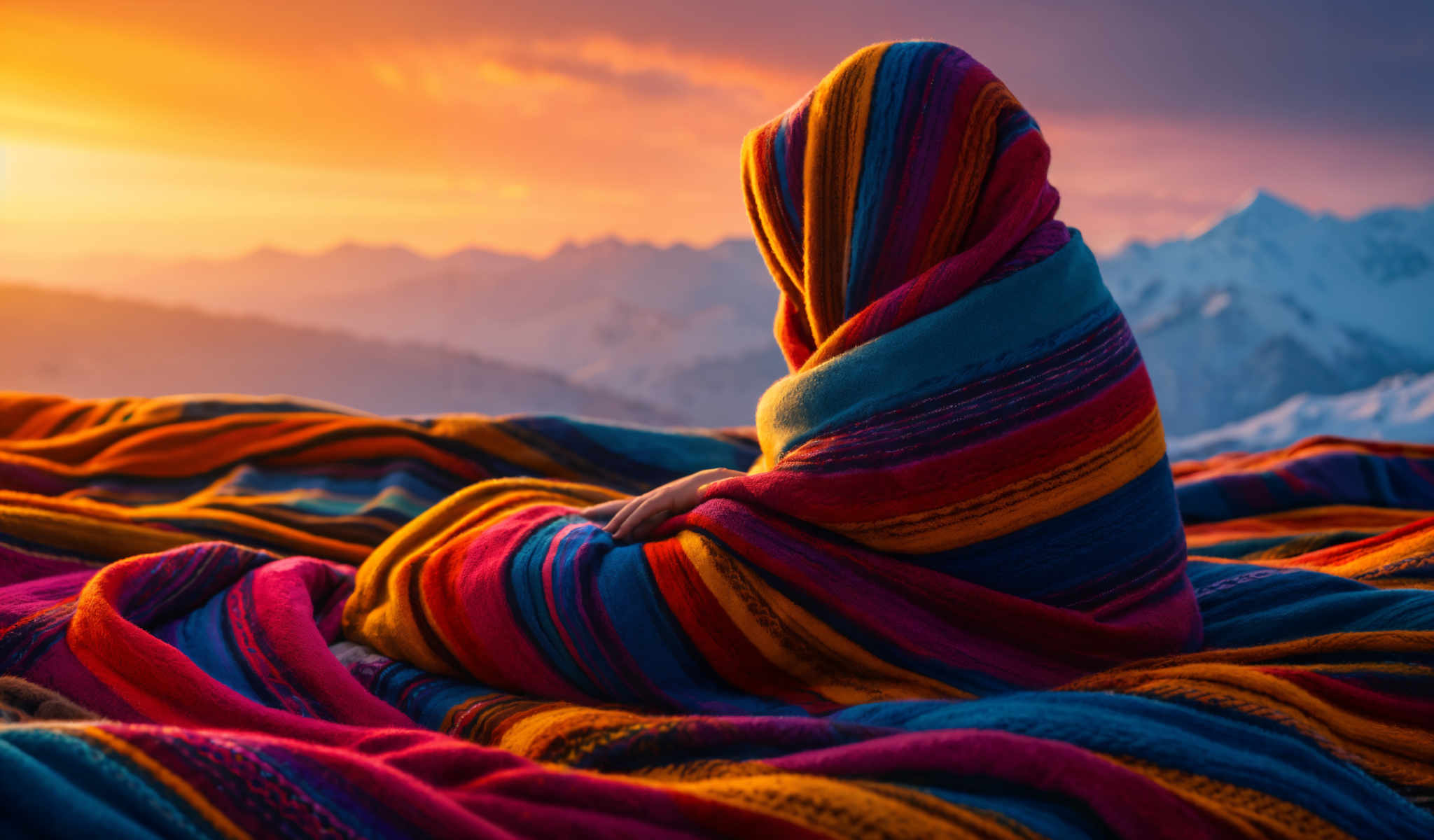 A colorful blanket with a person sitting on it. The person is wearing a colorful scarf. The background is a sunset over a mountain range.