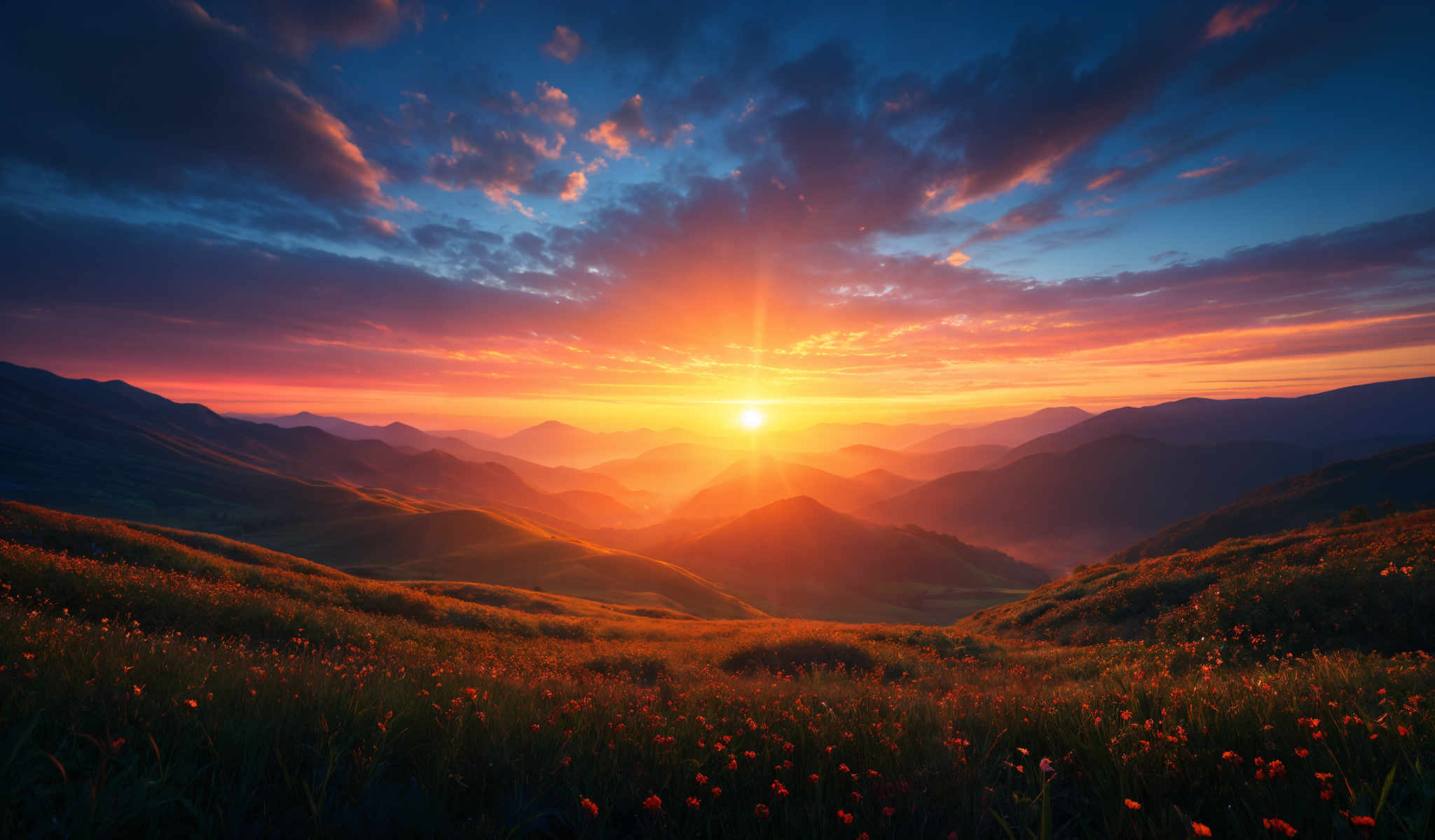 A beautiful sunset over a mountain range with a field of flowers in the foreground.