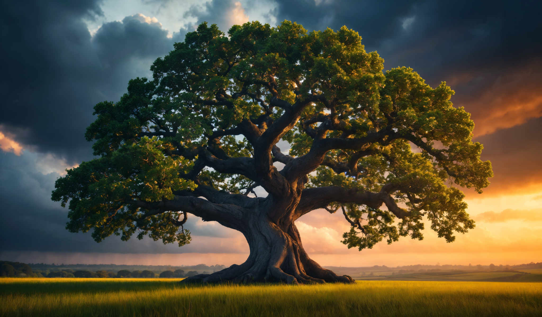 A large tree with a twisted trunk and green leaves stands in a field. The tree is surrounded by a field of tall grass. The sky above is cloudy and blue. The sun is setting in the background casting a warm glow on the scene. The image is a beautiful representation of nature's majesty.