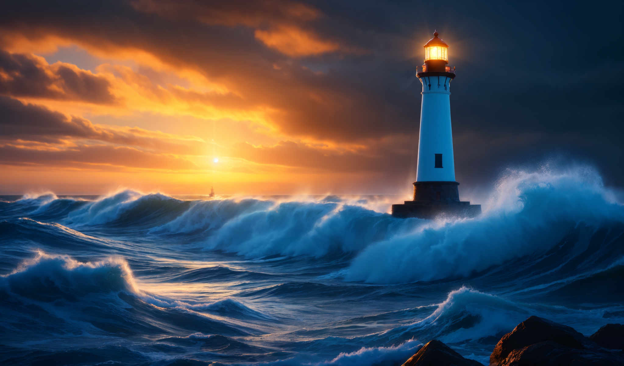 A lighthouse stands tall on a rocky outcropping surrounded by a tumultuous sea. The lighthouse painted white with a contrasting black top is illuminated by a bright light. The sky above is a dramatic canvas of orange and blue hues with clouds scattered across it. The sun is setting casting a warm glow over the scene. The sea a deep blue churns with white waves that crash against the rocks. The image captures the raw beauty and power of nature with the lighthouse standing as a beacon amidst the storm.