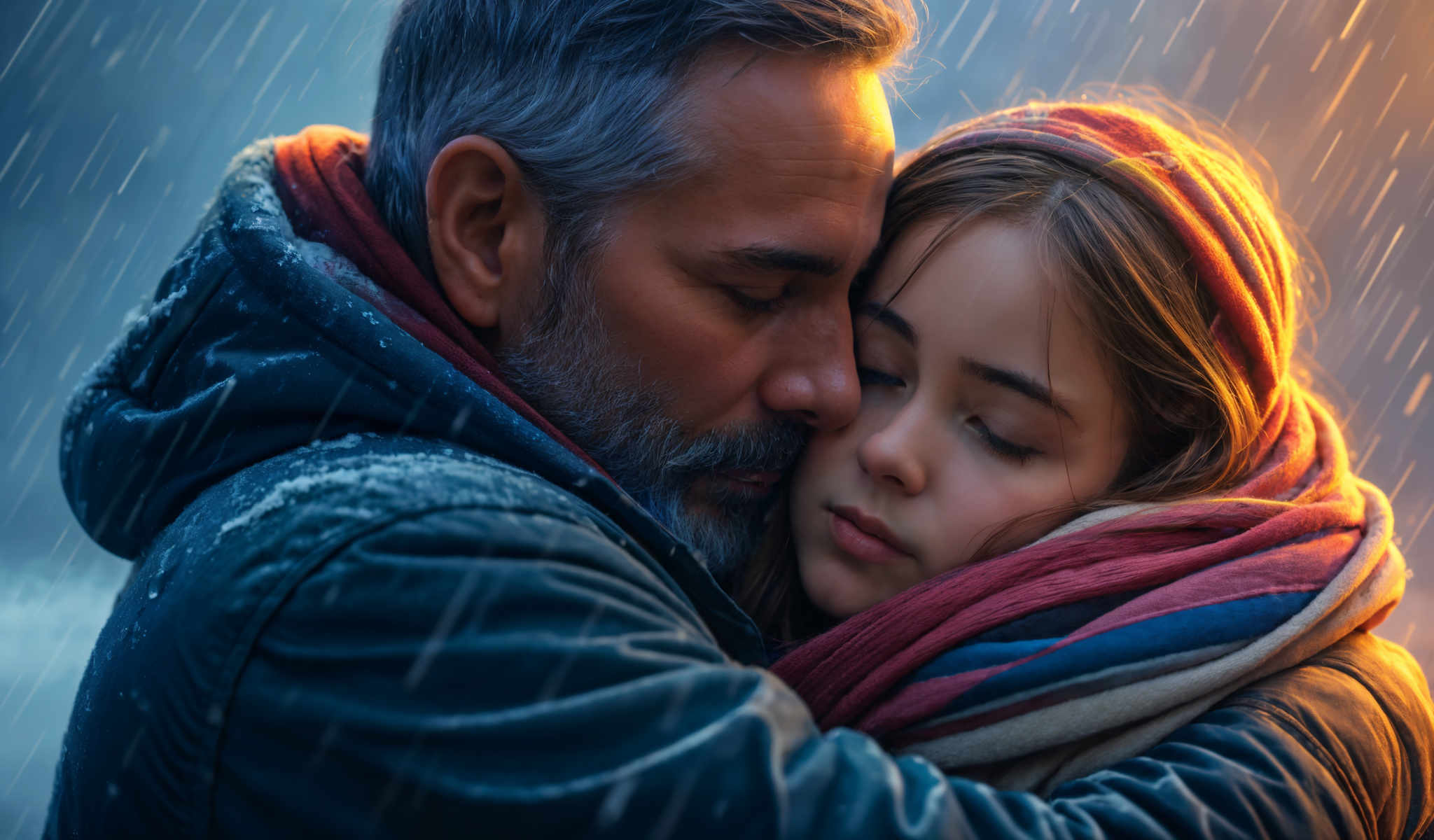 A man and a girl hug each other in the rain.