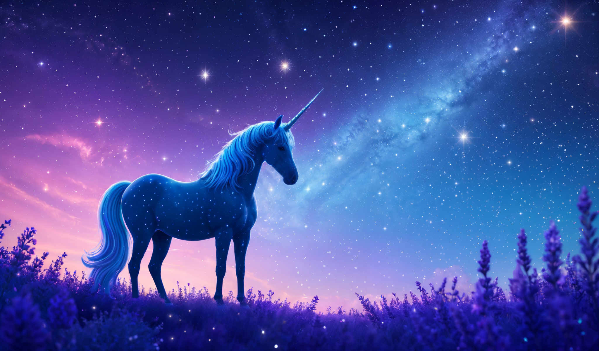 A blue unicorn stands in a field of purple flowers under a starry sky.