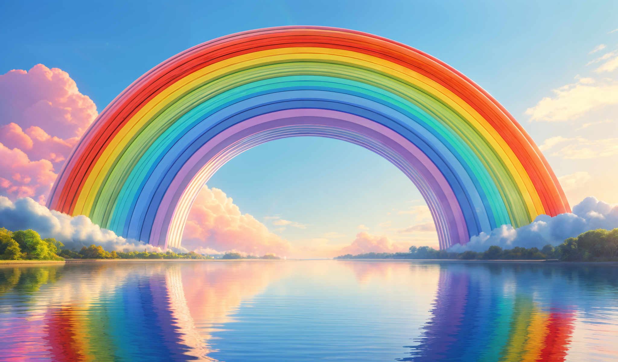 A rainbow arches over a serene lake with a clear blue sky and fluffy white clouds in the background.