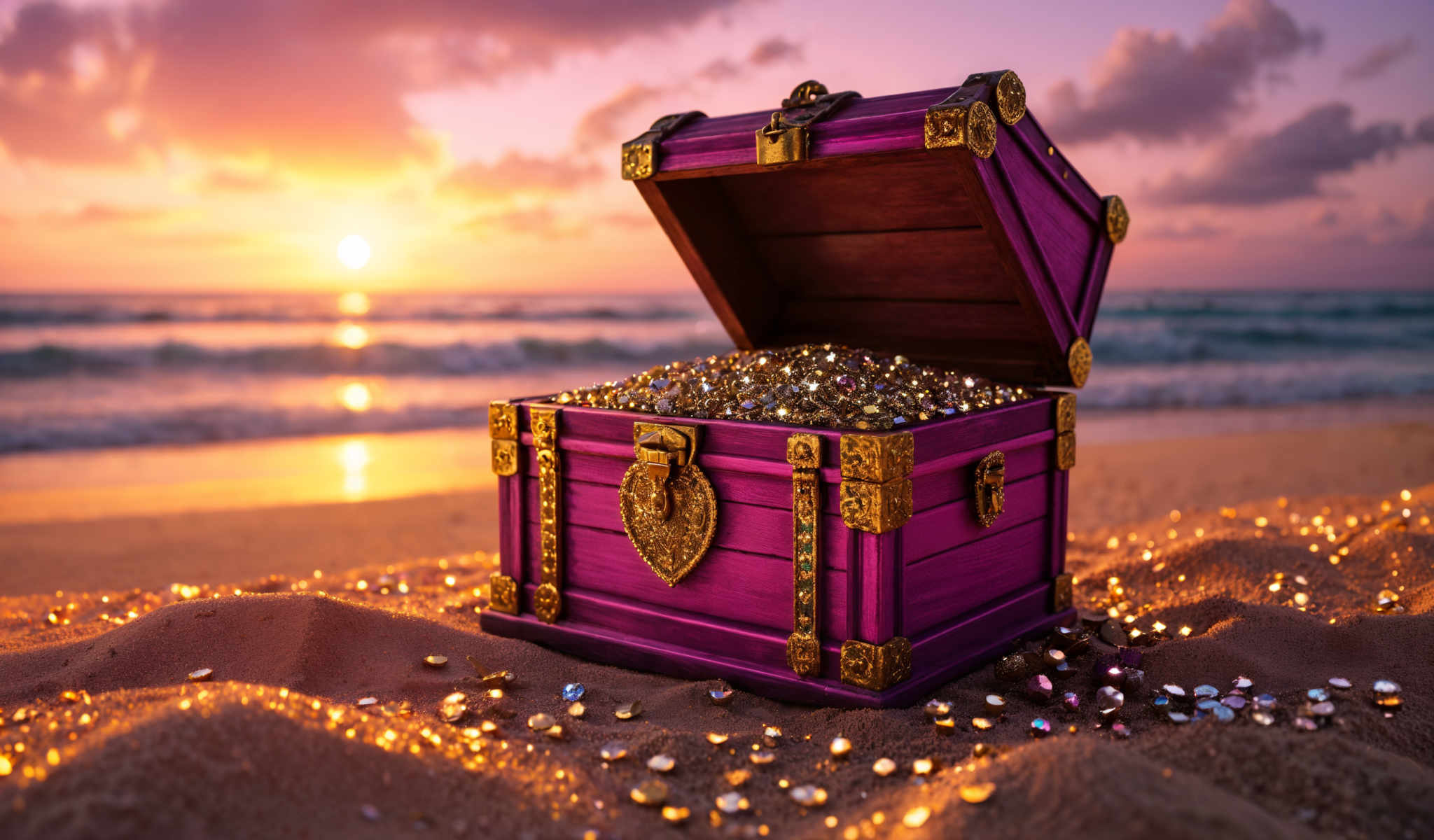 A purple chest filled with gold and jewels sits on a beach at sunset.