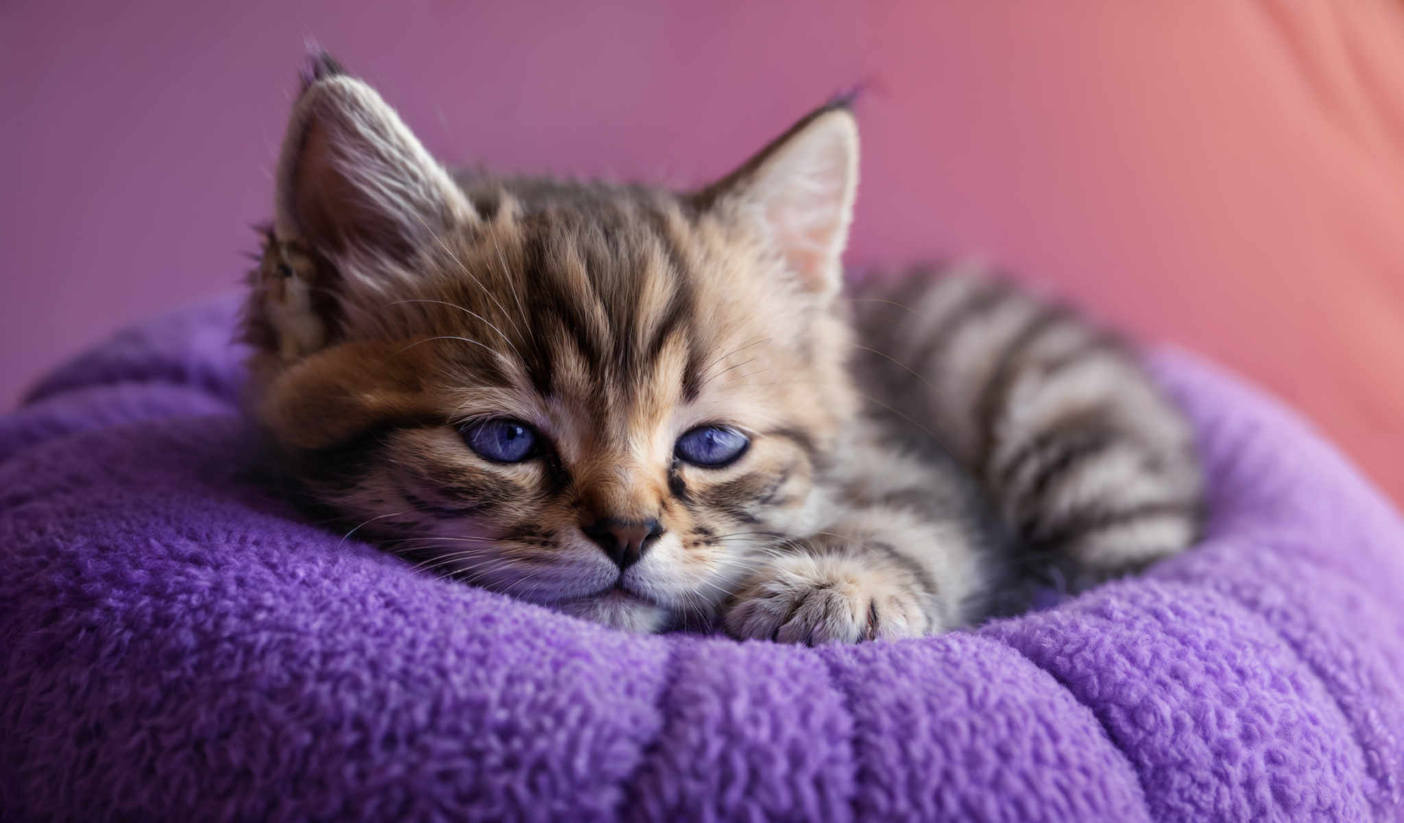 A kitten with blue eyes is laying on a purple blanket.