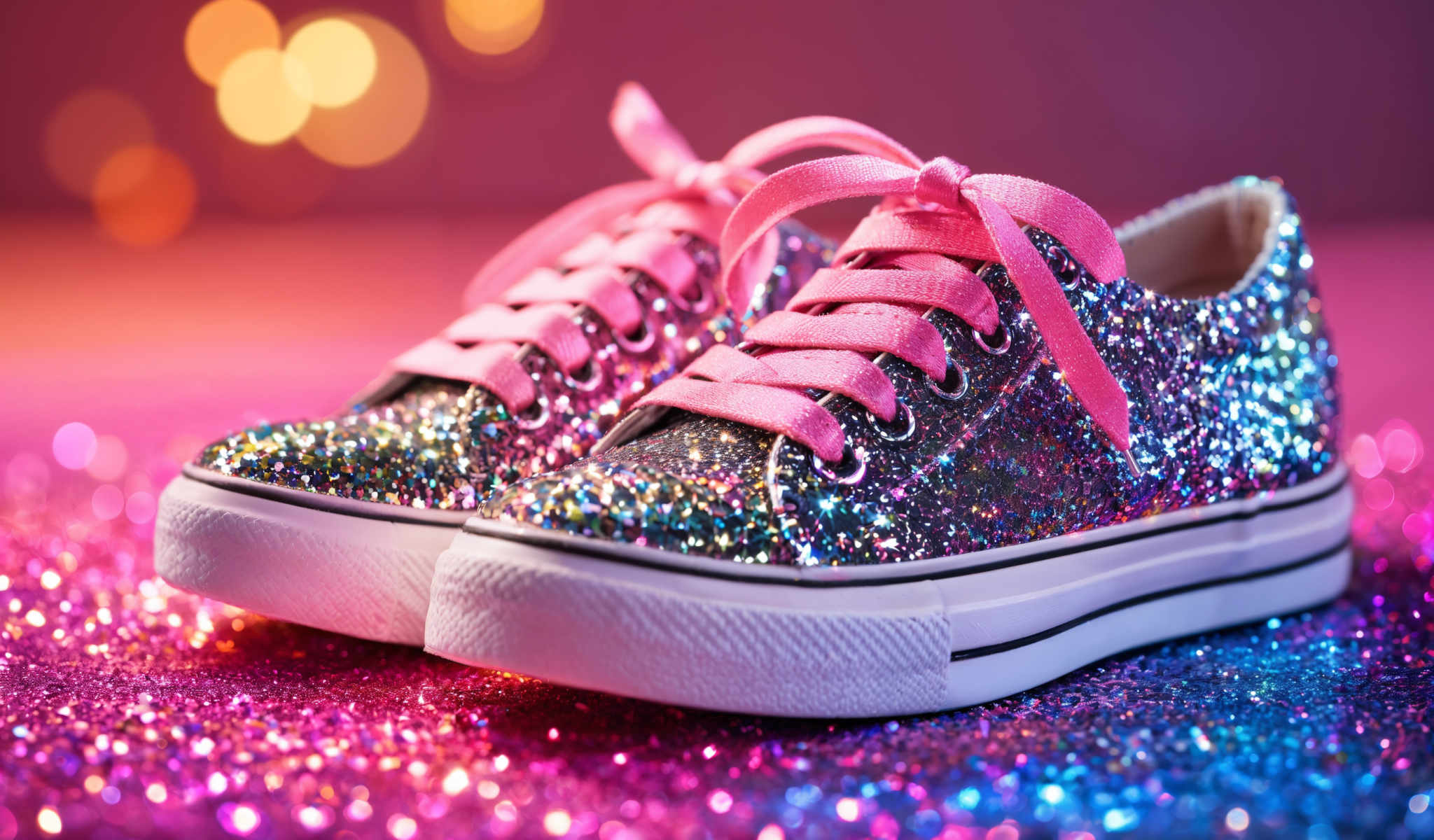 A pair of pink and black glittery sneakers.