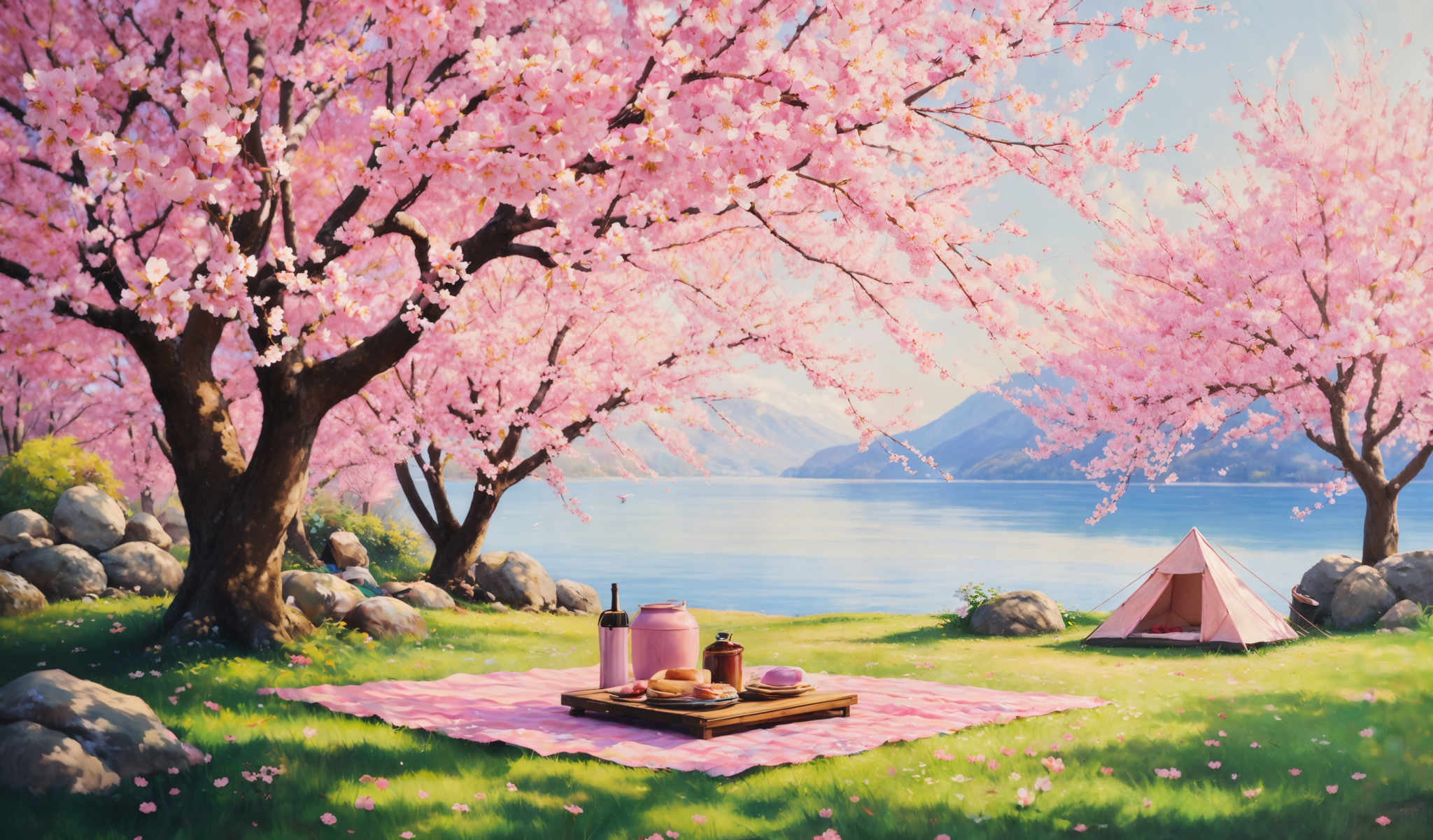 A tranquil scene of a picnic set up on a grassy hill overlooking a lake. The picnic is set on a pink blanket with a small table in the center. The table is adorned with a pink teapot a pink cake and a pink basket of fruit. The blanket is surrounded by rocks and a tree with pink flowers. The lake in the background is surrounded mountains. The sky is clear and blue.