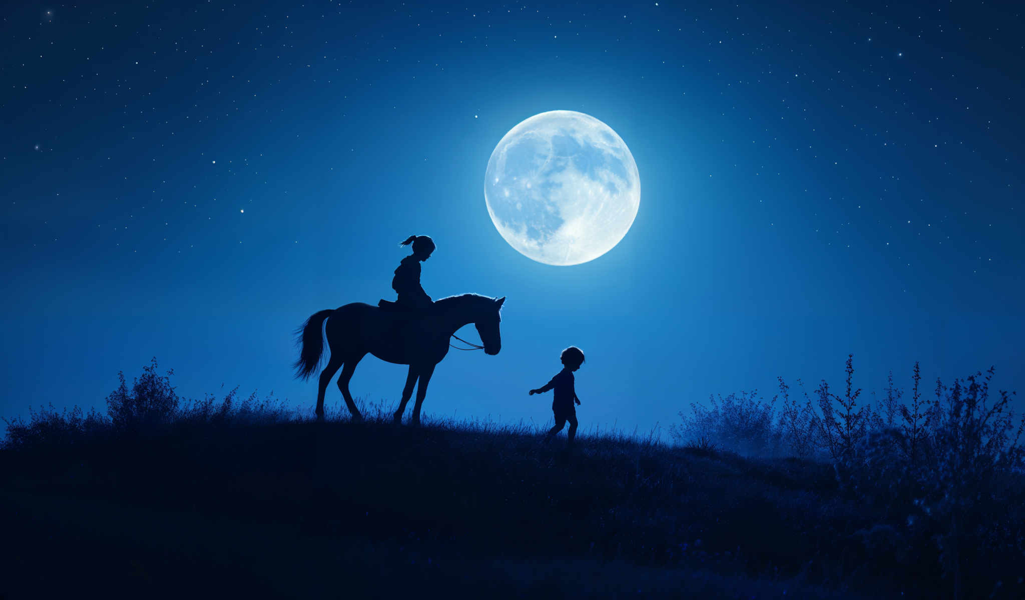 A woman and a child are riding a horse under a full moon.