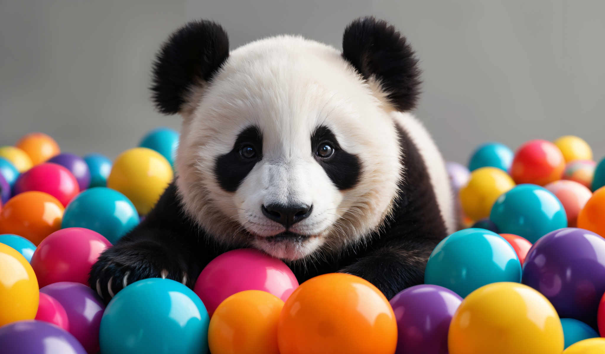 A panda bear is sitting in a pile of colorful balls.