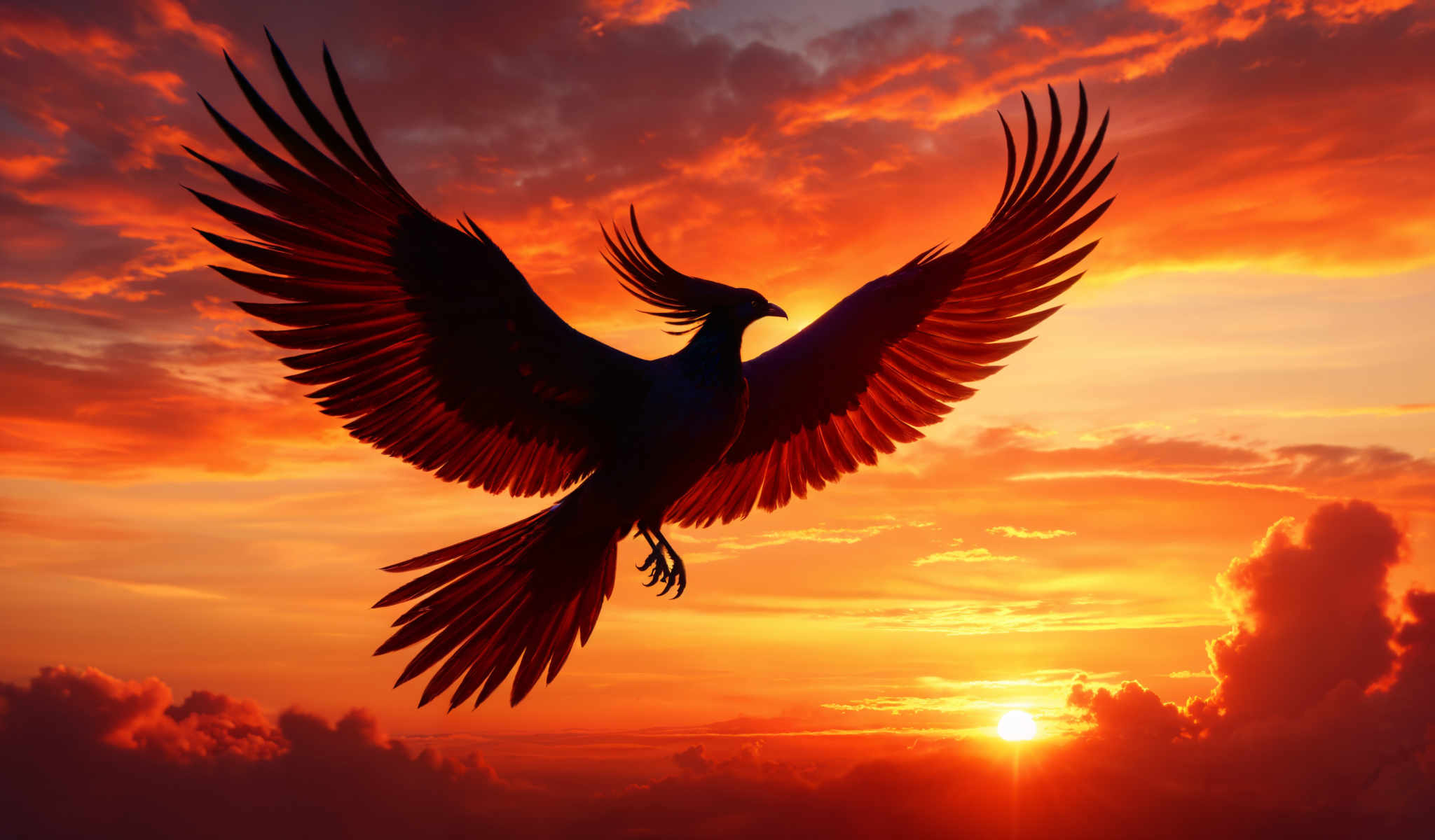 A majestic bird of prey with wings spread wide soars through the sky at sunset. The bird with its wingspan almost as wide as the sun is silhouetted against the vibrant backdrop of the setting sun. The sky is a beautiful blend of orange and red hues with the sun setting in the distance. The image captures the bird in mid-flight creating a sense of motion and freedom. The colors the bird's silhouette and the sunset all come together to create a captivating and serene scene.