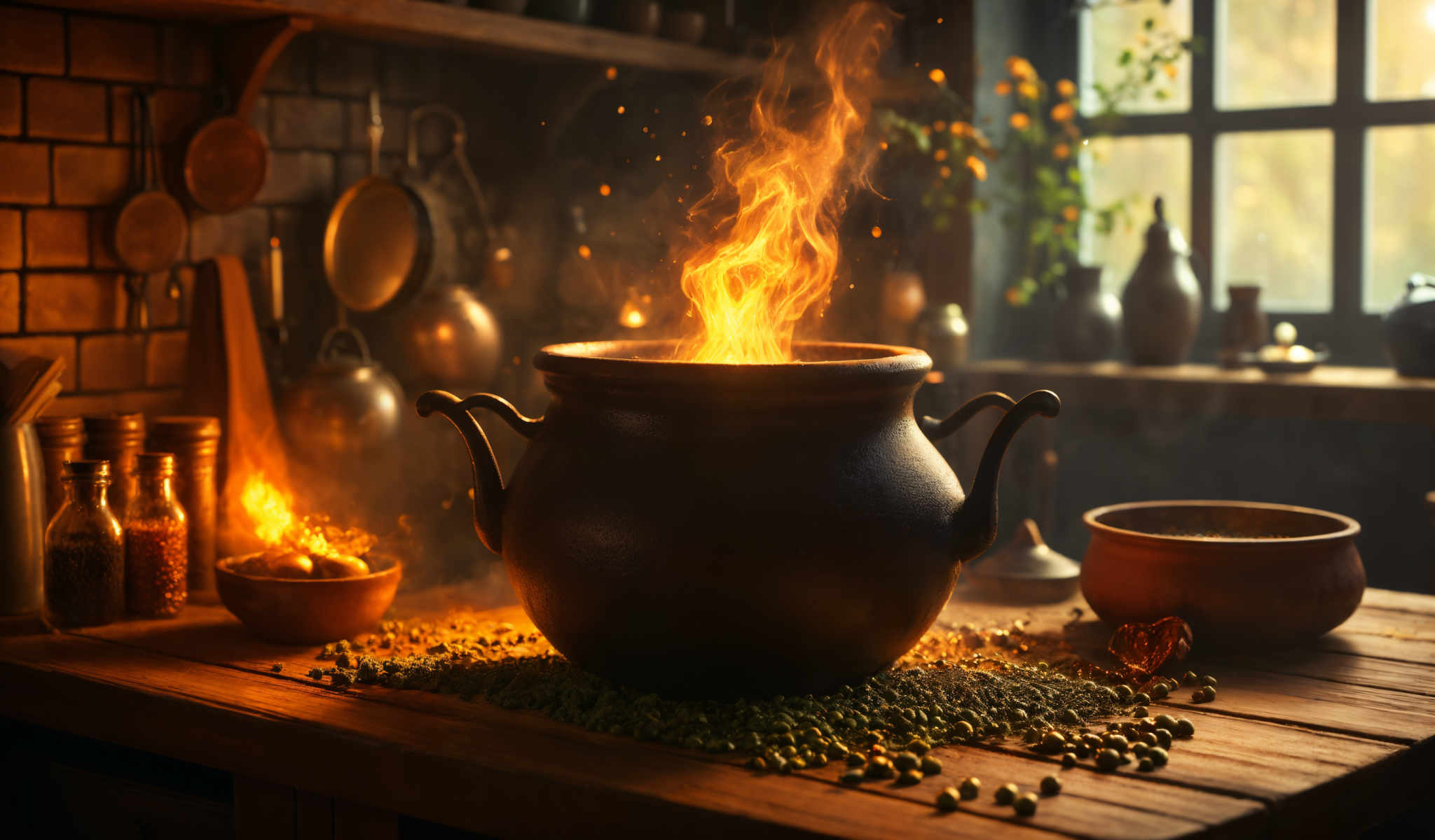 A black pot with a flame on top is the main focus of the scene. The pot is placed on a wooden table which is covered with a green cloth. The table is also adorned with various kitchen utensils and pots. The flame on the pot is bright and orange indicating that it is lit. The background of the photo is dark which contrasts with the bright flame and the wooden table. The overall scene suggests a kitchen setting possibly during a cooking process.