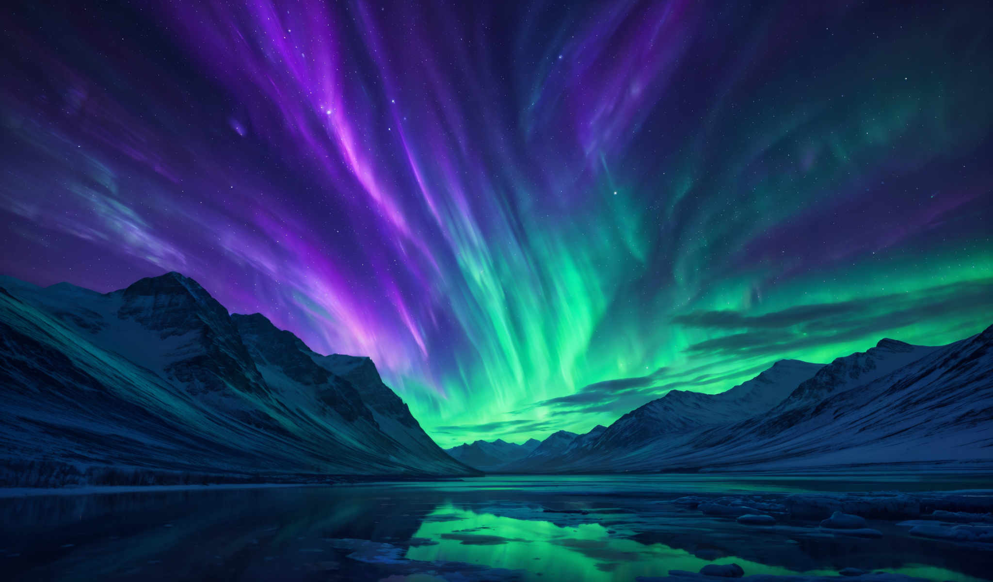 A breathtaking view of a mountain range with a lake in the foreground. The sky is filled with a stunning display of purple and green lights creating a mesmerizing spectacle. The mountains covered in snow stand tall against the vibrant backdrop. The lake calm and serene mirrors the breathtaking scenery above. This image captures the raw beauty of nature in its most spectacular form.