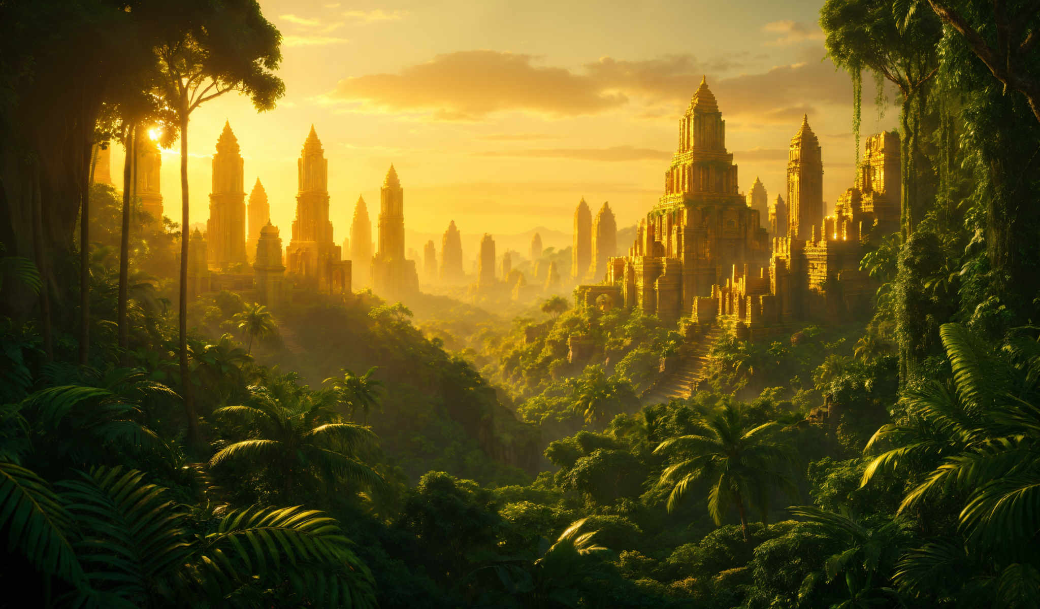 A futuristic cityscape with tall buildings and a temple in the center. The buildings are made of stone and have a golden glow. The sky is orange and blue. The city is surrounded by trees and jungle. The temple is the tallest building and is located in the middle of the city. The other buildings are scattered around it. The trees and the jungle are located at the bottom of the photo. The photo is taken from a high angle. The colors in the photo are vibrant and the lighting is bright. The image is a digital illustration. The objects in the image are static and there are no actions taking place. The relative positions of the objects are accurately represented in the description. The description does not include any text or numbers. The number of objects such as buildings or trees cannot be determined from the image alone. The locations of the buildings and trees are accurately described. The overall scene is a futuristic city with a temple at its center surrounded by a jungle.