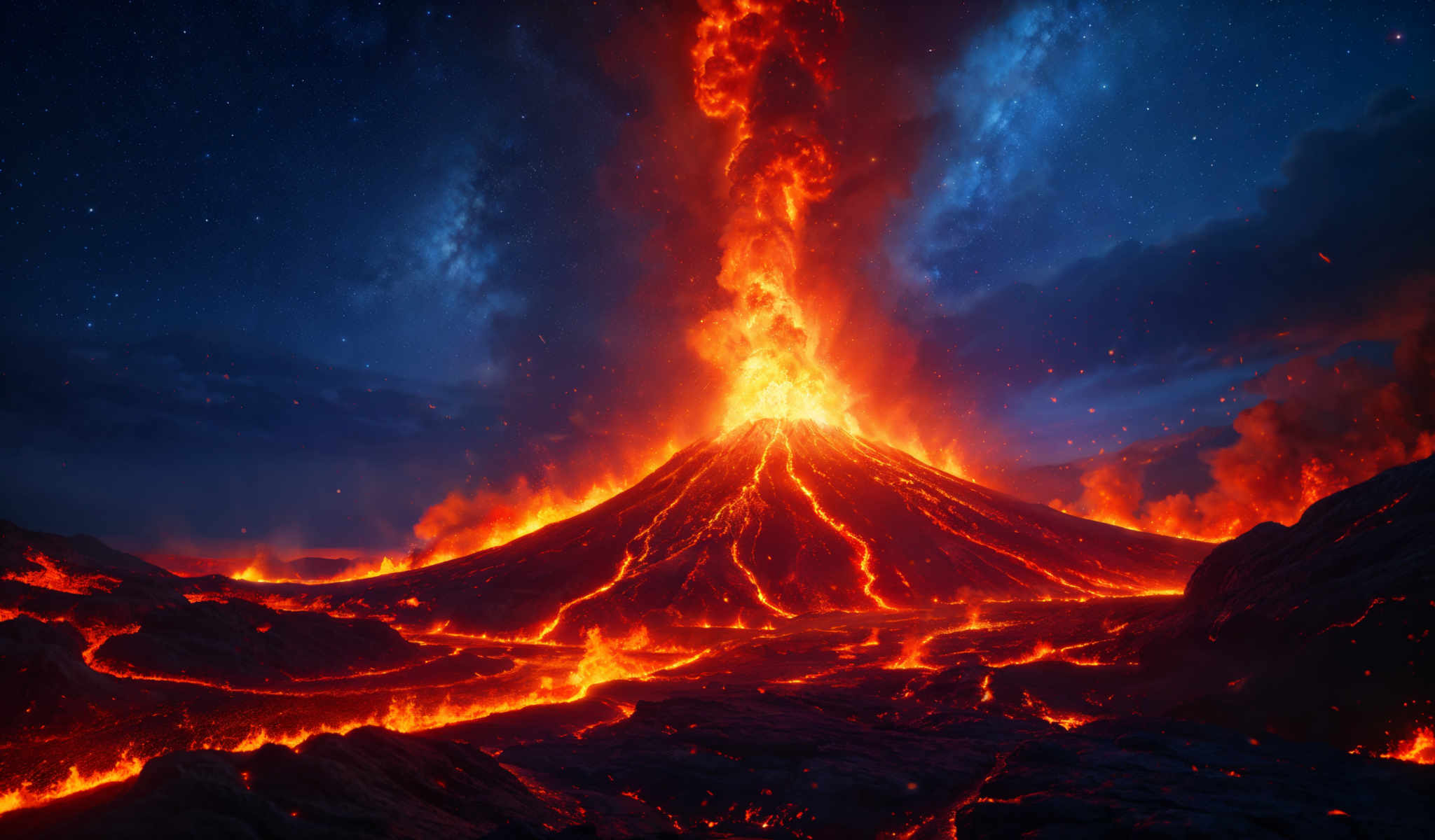 A large volcanic eruption with bright orange flames and a bright red glow.