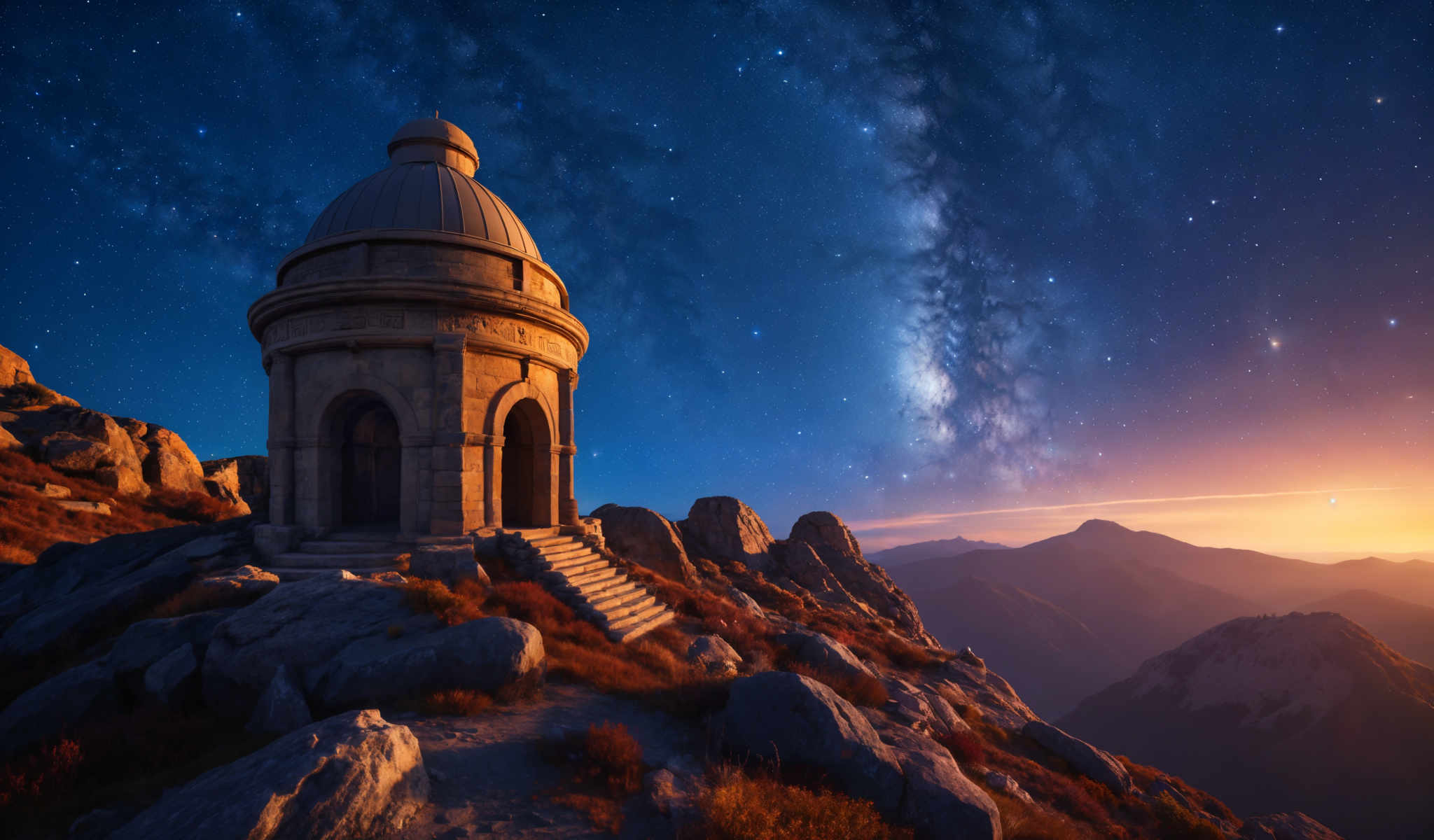 A stone tower with a dome on top is perched on a rocky outcropping. The tower is surrounded by a field of rocks and boulders. The sky above is a deep blue dotted with stars and streaks of light from a shooting star. The sun is setting in the distance casting a warm glow over the scene. The image is a digital rendering but it's hard to tell.