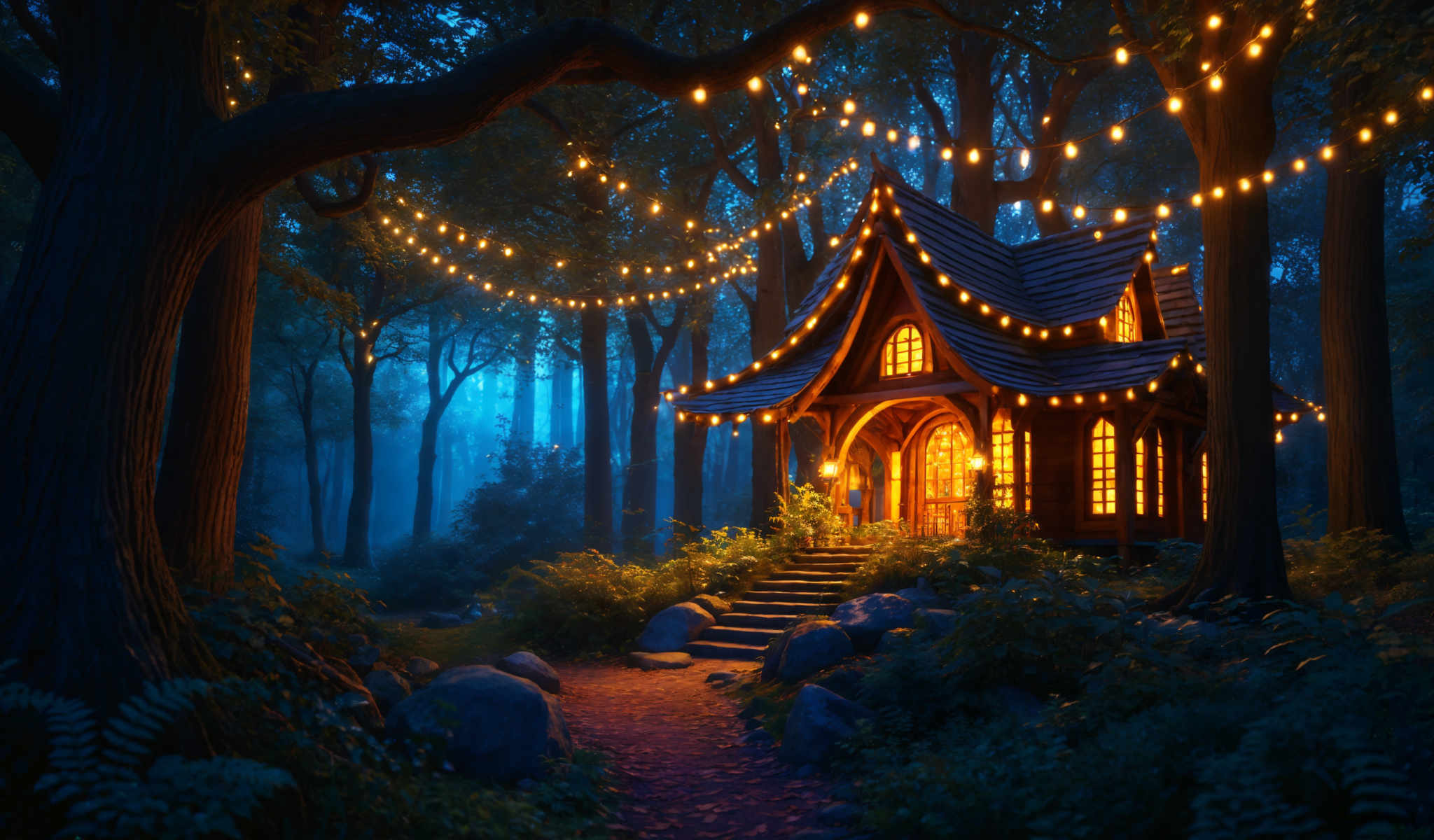 A small wooden cabin with a pointed roof and a porch with a railing. The cabin is surrounded by trees and has a path leading up to it. The porch is adorned with a string of lights.