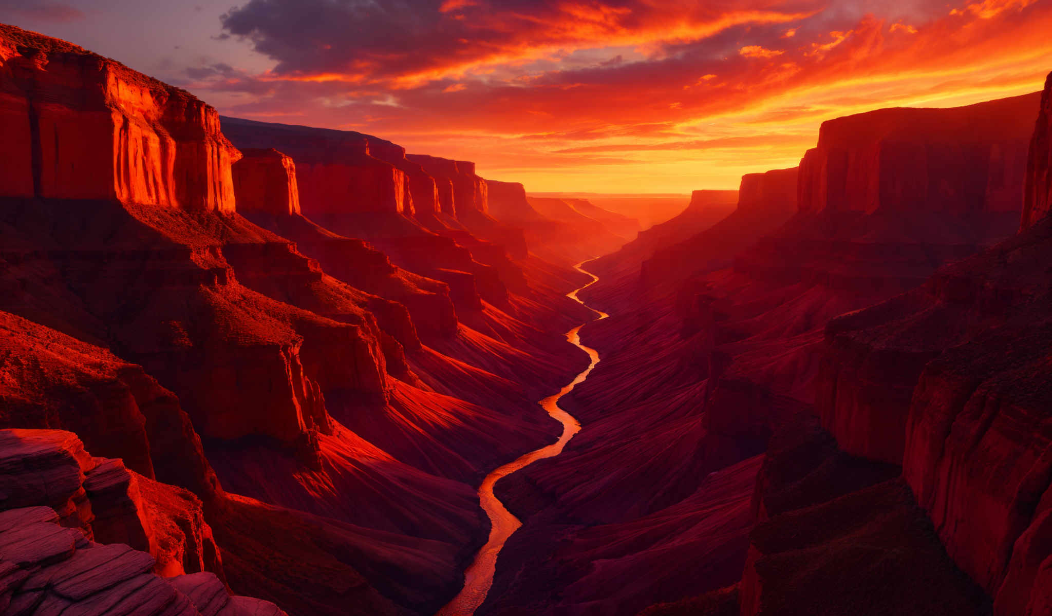 A river winds its way through a canyon surrounded by red rock formations. The sun sets in the background casting a warm glow over the scene.