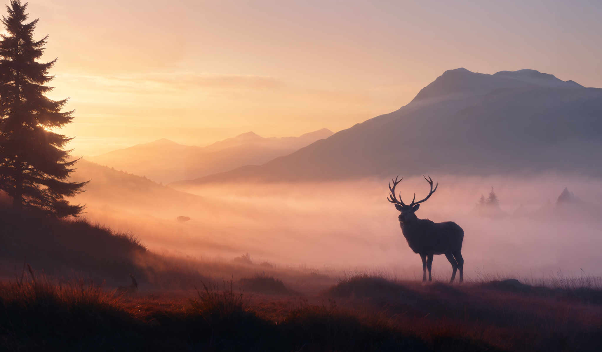 A majestic moose stands in a field of tall grass its large antlers reaching towards the sky. The moose is surrounded by a foggy landscape with mountains and trees barely visible in the distance. The sun is setting casting a warm glow over the scene and creating a beautiful orange and pink sky. This serene image captures the beauty of nature and the majesty of the moose in its natural habitat.